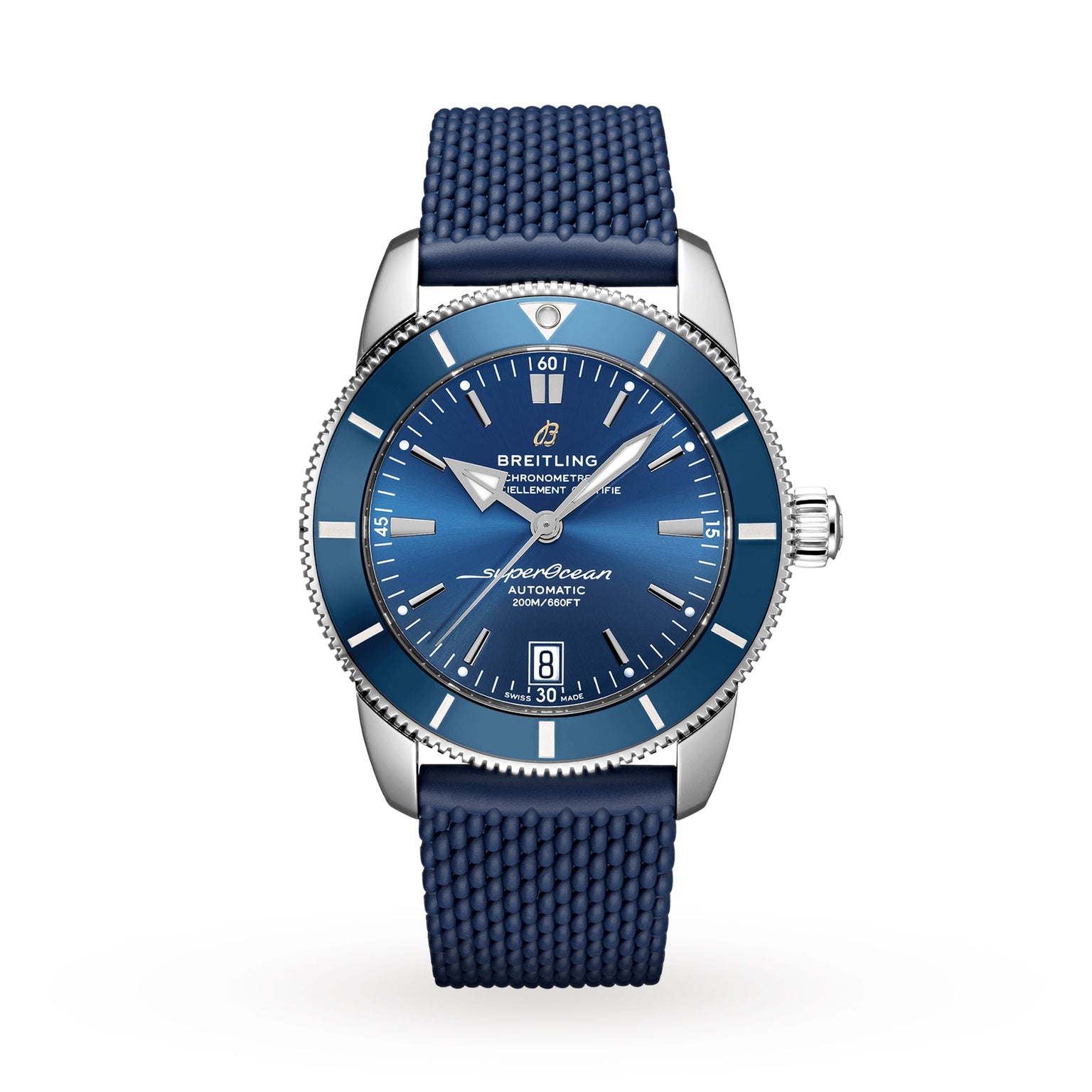 The Breitling Superocean Heritage B20 Automatic 42 features a 42mm stainless steel case, textured blue strap, silver bezel, and date window at 6 o’clock, powered by the B20 calibre and shown on a white background.