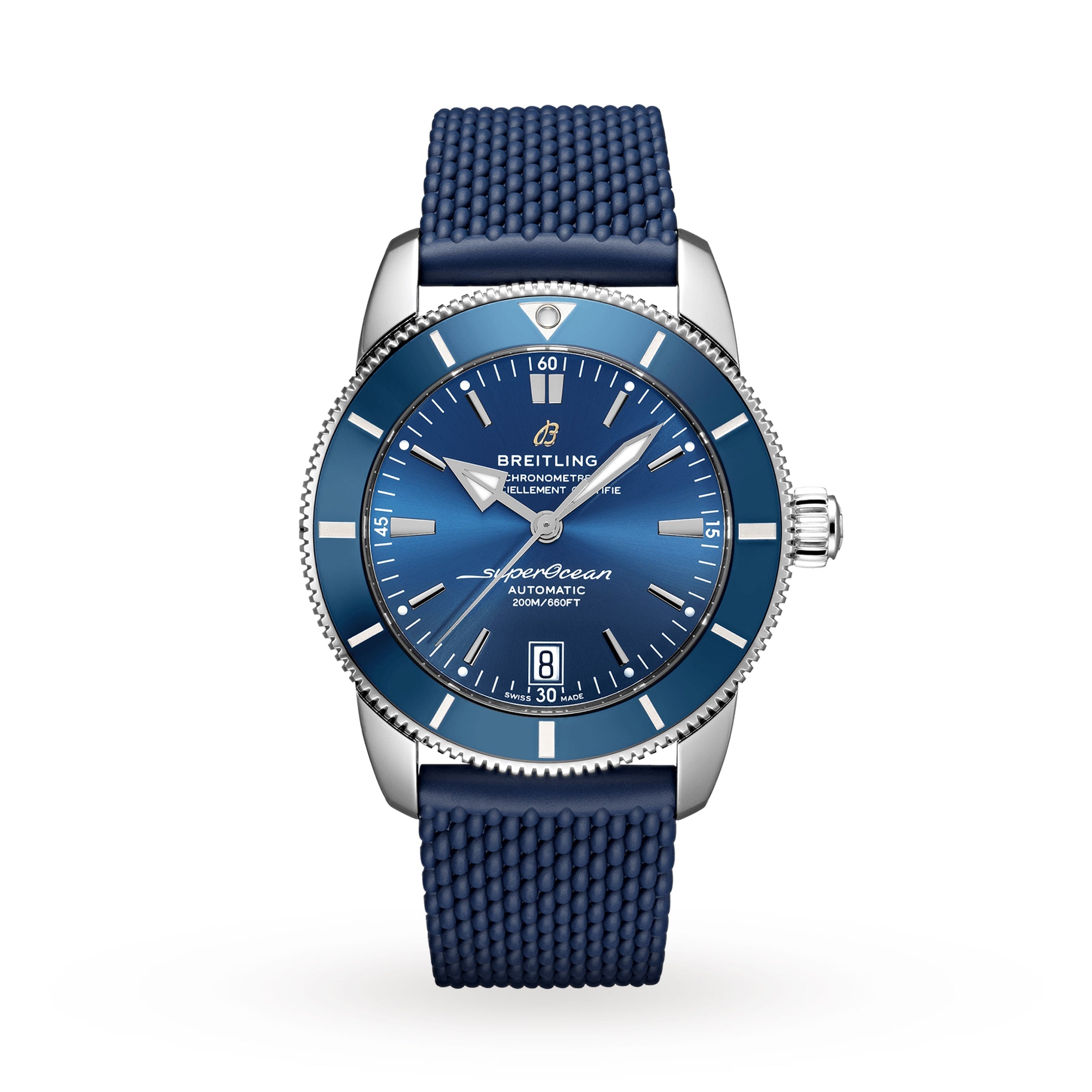 The Breitling Superocean Heritage B20 Automatic 42 features a 42mm stainless steel case, textured blue strap, silver bezel, and date window at 6 o’clock, powered by the B20 calibre and shown on a white background.