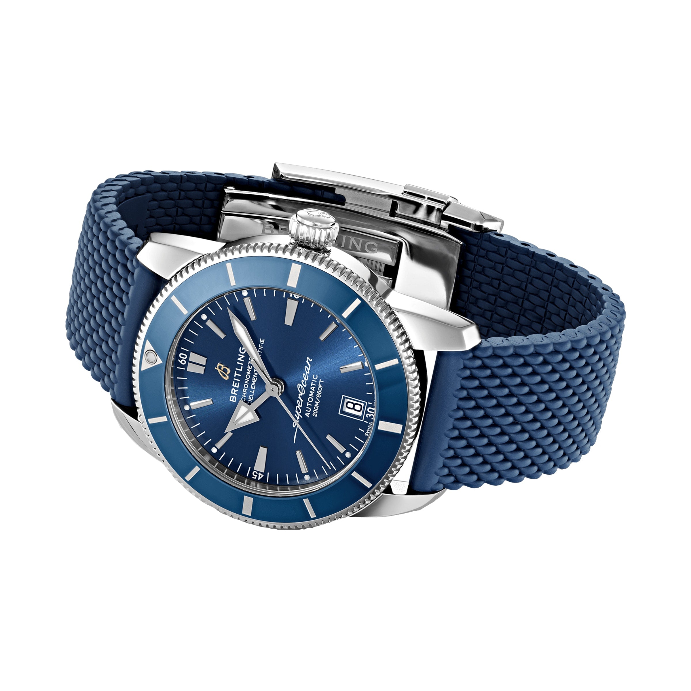 The Breitling Superocean Heritage B20 Automatic 42 features a 42mm stainless steel case, blue dial with silver hour markers, and a textured blue rubber strap. It is powered by the reliable Breitling B20 calibre.