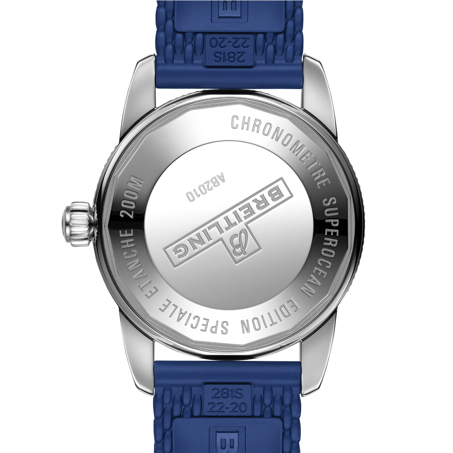 Back view of the Breitling Superocean Heritage B20 Automatic 42, featuring a 42mm stainless steel case, engraved case back, and blue textured strap, powered by the renowned B20 calibre.