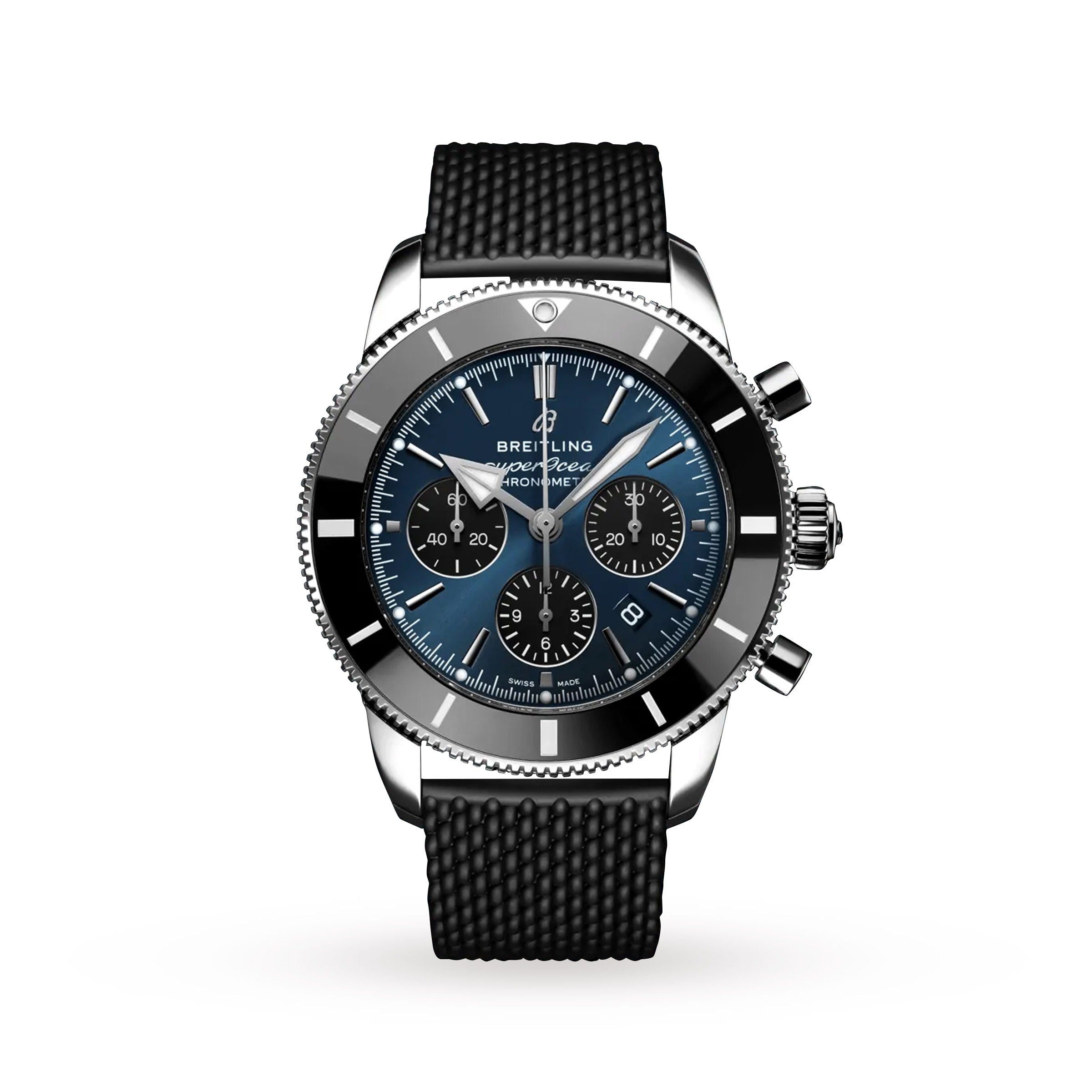 The Breitling Superocean Heritage B01 Chronograph 44 features a blue dial with three subdials, black bezel, textured black rubber strap, the renowned Breitling 01 calibre, and superb water resistance. Photographed on white.