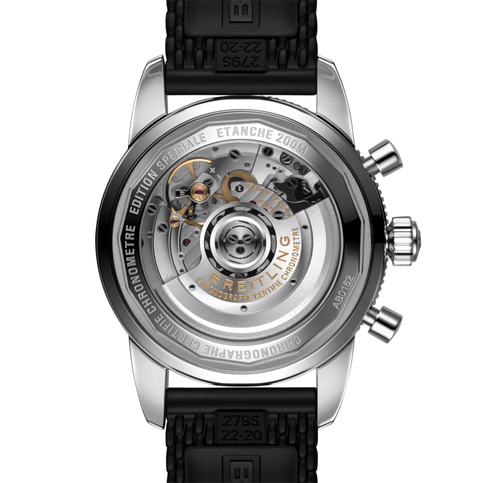 Close-up of the back of the Breitling Superocean Heritage B01 Chronograph 44, showing its exposed automatic movement, engraved markings, water resistance details, and black rubber strap.