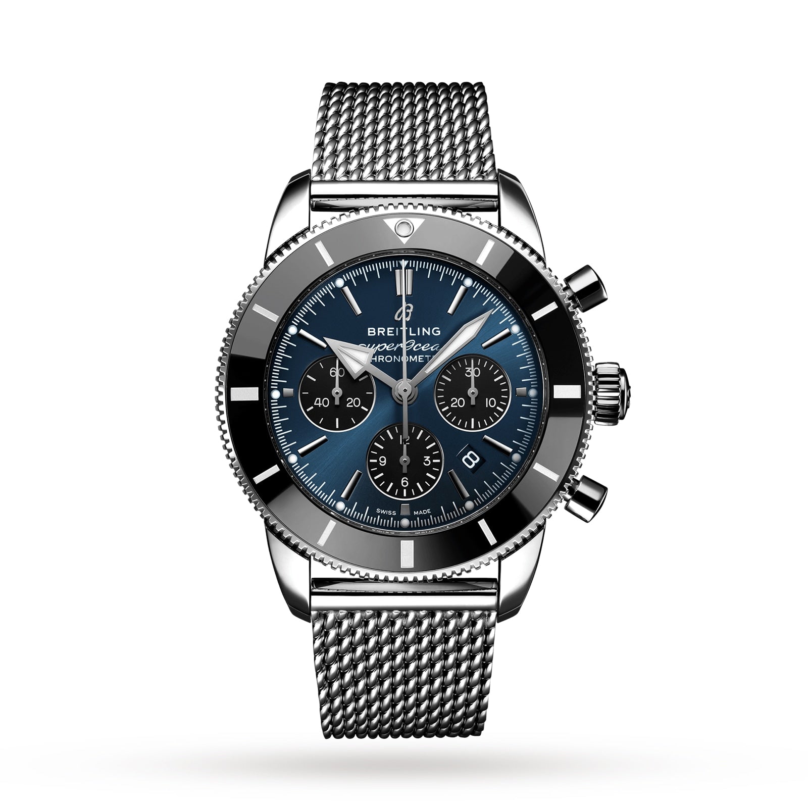 The Breitling Superocean Heritage B01 Chronograph 44 is a stainless steel diver’s watch with a blue dial, black bezel, three subdials, mesh bracelet, and Breitling 01 calibre, shown on a white background.