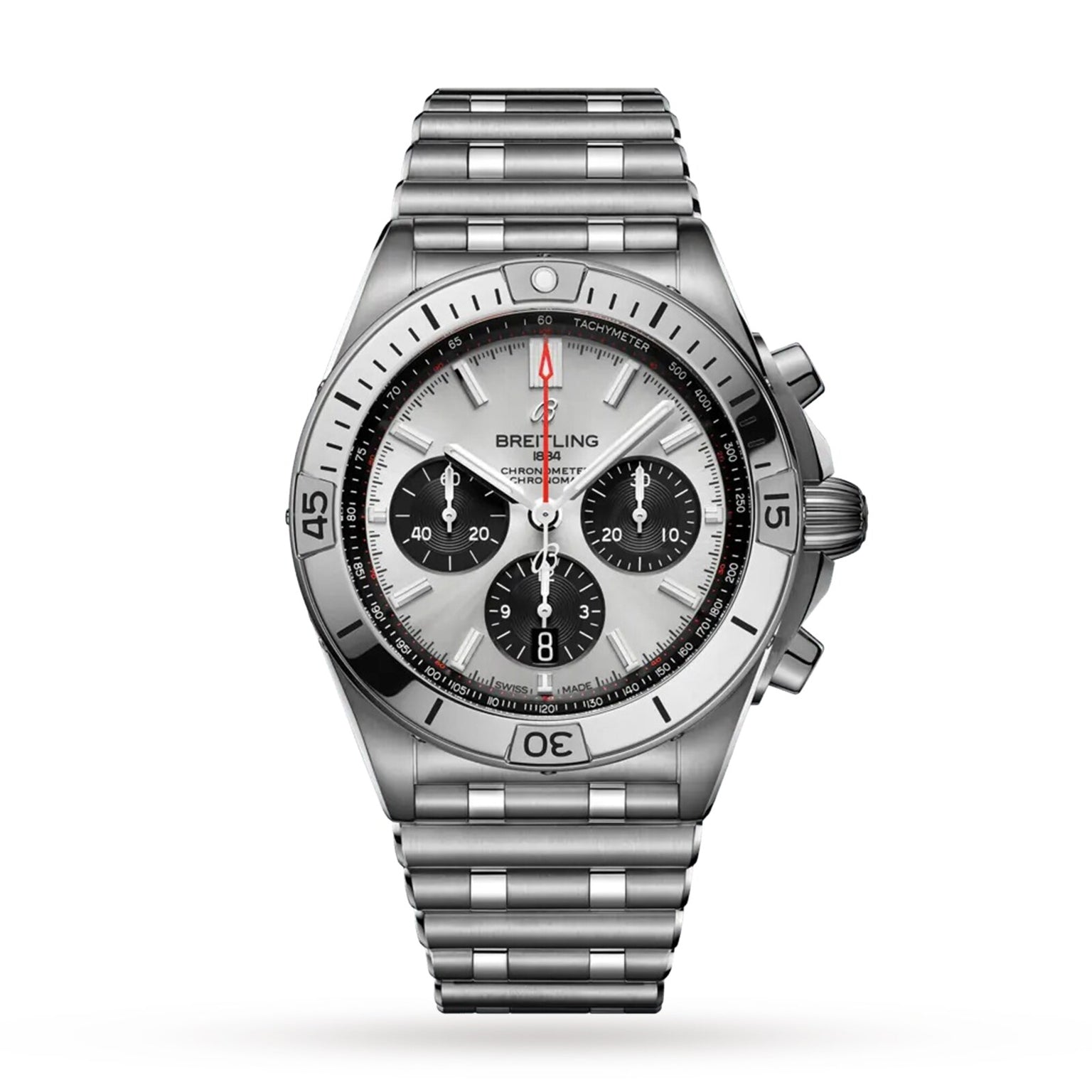 The Breitling Chronomat B01 42 is a stainless steel chronograph watch with a silver dial, three black subdials, tachymeter markings, and a signature Rouleaux bracelet, shown on a white background.