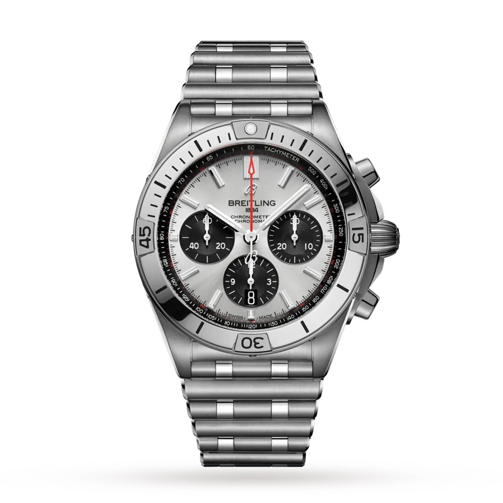 The Breitling Chronomat B01 42 is a stainless steel chronograph watch with a silver dial, three black subdials, tachymeter markings, and a signature Rouleaux bracelet, shown on a white background.