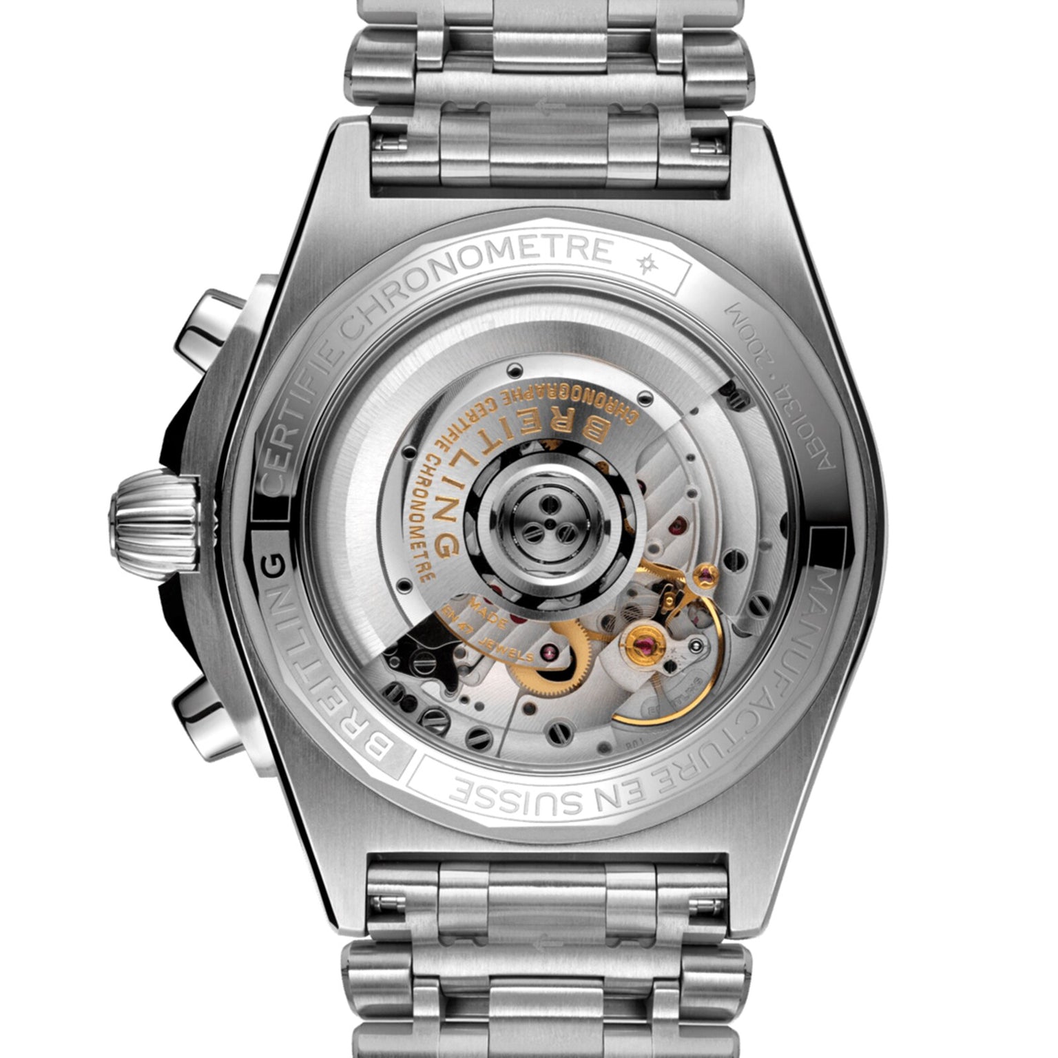 Close-up of the transparent caseback of the Breitling Chronomat B01 42, showcasing its intricate Breitling 01 mechanical movement and branded rotor within a polished metal case.