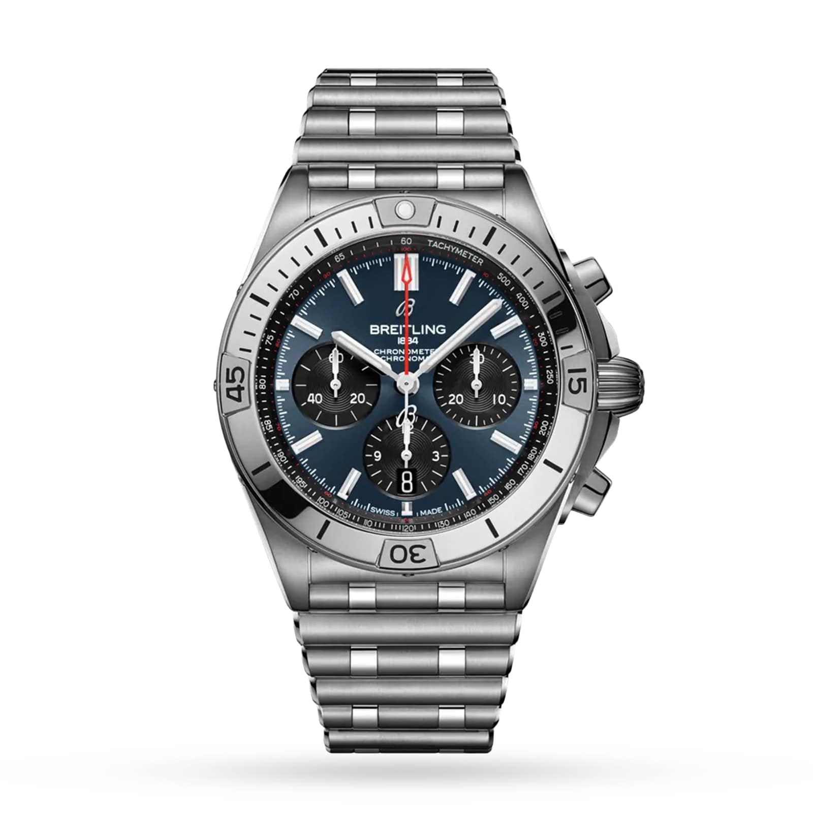 A Breitling Chronomat B01 42 stainless steel chronograph wristwatch features a black dial with three subdials, tachymeter scale, date window, and metal link bracelet, powered by the Breitling 01 movement, displayed on a white background.