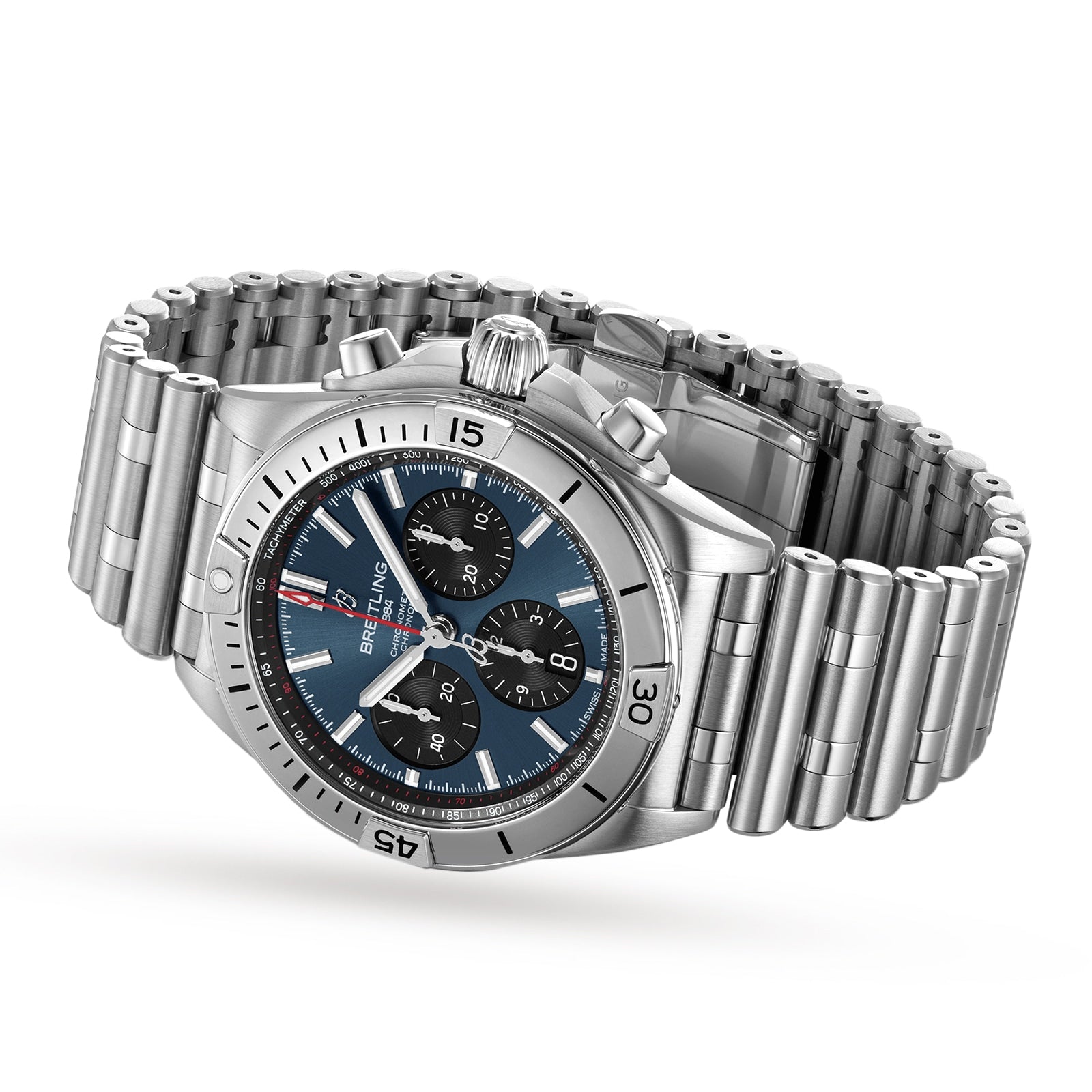 The Breitling Chronomat B01 42 is a stainless steel chronograph wristwatch with a blue dial, three subdials, and a metal link bracelet, featuring the Breitling 01 movement, shown angled on a white background.