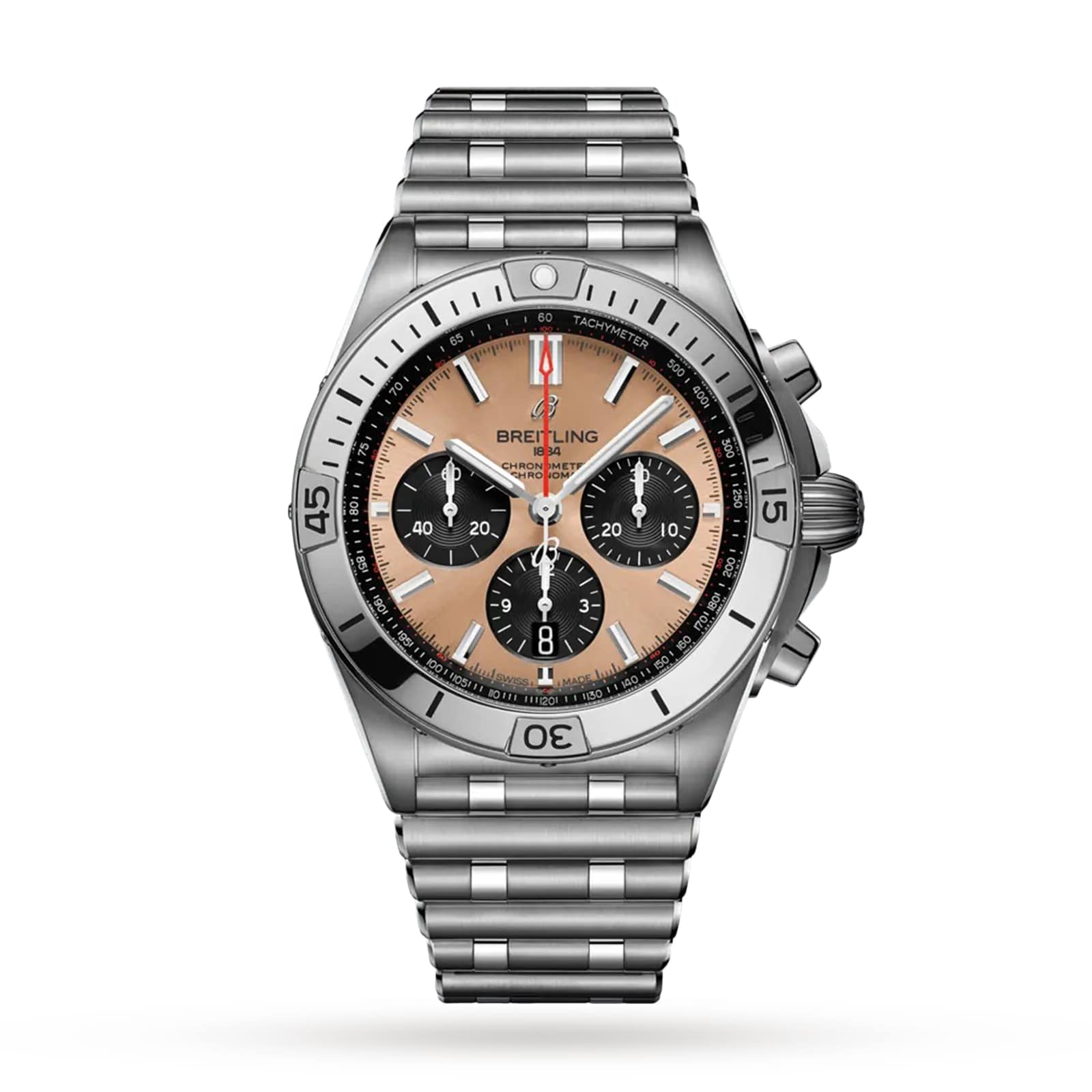 The Breitling Chronomat B01 42 is a stainless steel chronograph watch featuring a mechanical Breitling 01 movement, tan dial with three black subdials, tachymeter scale, and a linked metal bracelet, displayed on a white background.