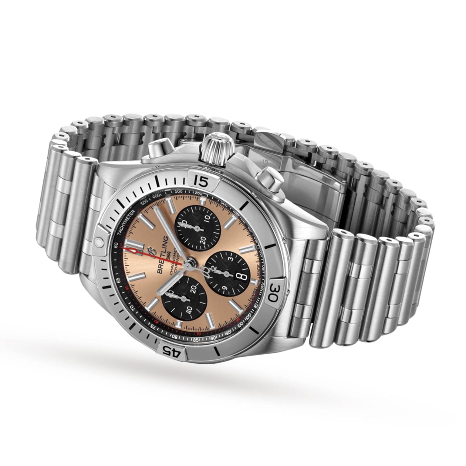 The Breitling Chronomat B01 42 is a stainless steel chronograph wristwatch featuring a beige dial, three black subdials, a Breitling 01 movement, and a metal link bracelet, shown angled on a white background.