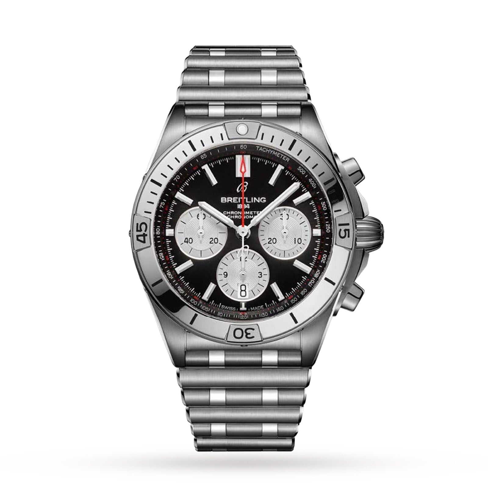 The Breitling Chronomat B01 42 watch features a stainless steel case, black dial with three subdials, tachymeter scale, date window, and metal bracelet, all displayed against a white background.