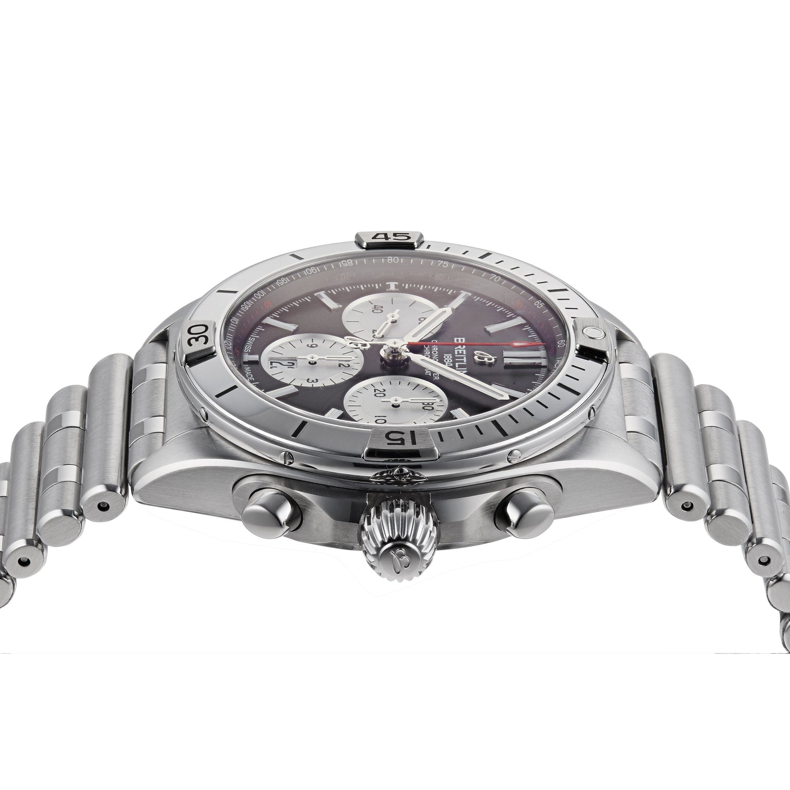 Side view of the Breitling Chronomat B01 42, showcasing its stainless steel case, round face with three subdials, date window, and metal link bracelet—an iconic mechanical watch.