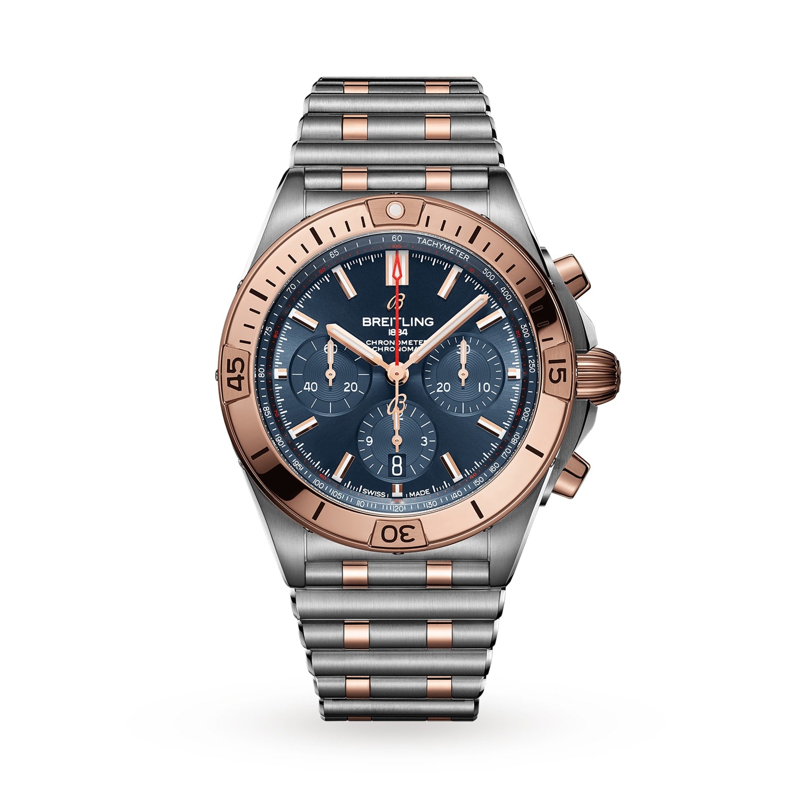 The Breitling Chronomat B01 42 is a mechanical watch with a two-tone silver and rose gold bracelet, blue dial, chronograph subdials, tachymeter scale, and luminous hands and markers powered by the Breitling 01 movement.