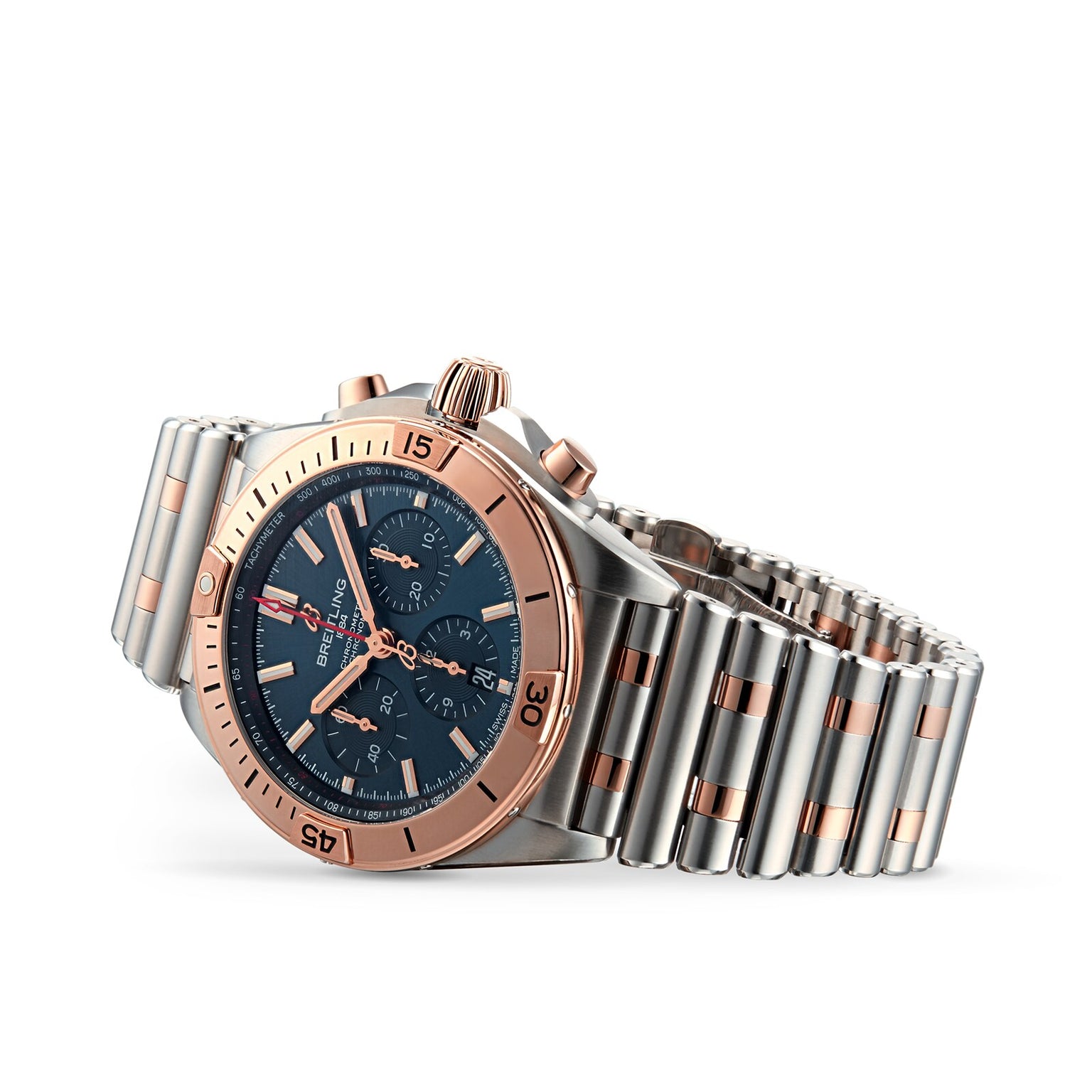 The Breitling Chronomat B01 42, featuring a blue dial, rose gold bezel, and silver with rose gold bracelet, is displayed against a white background.