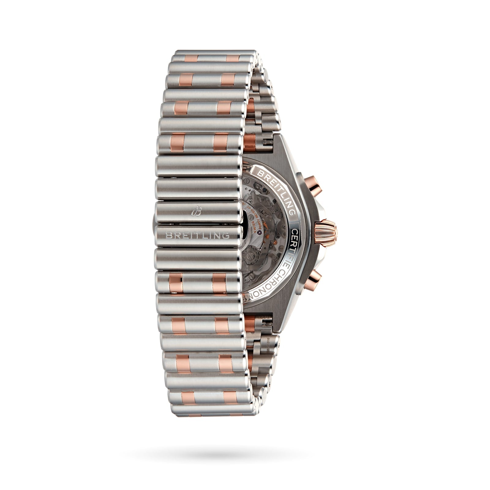 The Breitling Chronomat B01 42, featuring alternating silver and rose gold links, is shown from the side to highlight its two-tone metal design and the visible Breitling 01 mechanical movement through the case back.