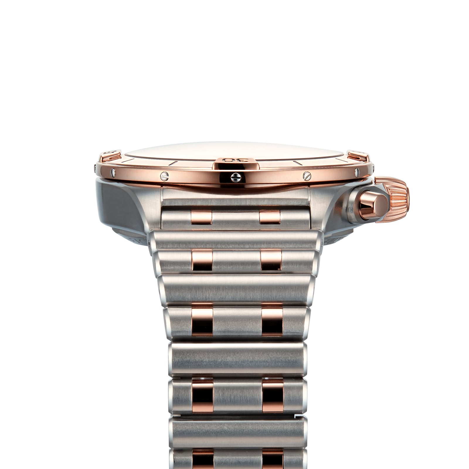 A close-up side view of the Breitling Chronomat B01 42 luxury watch showcases its two-tone metal bracelet with silver and rose gold accents.