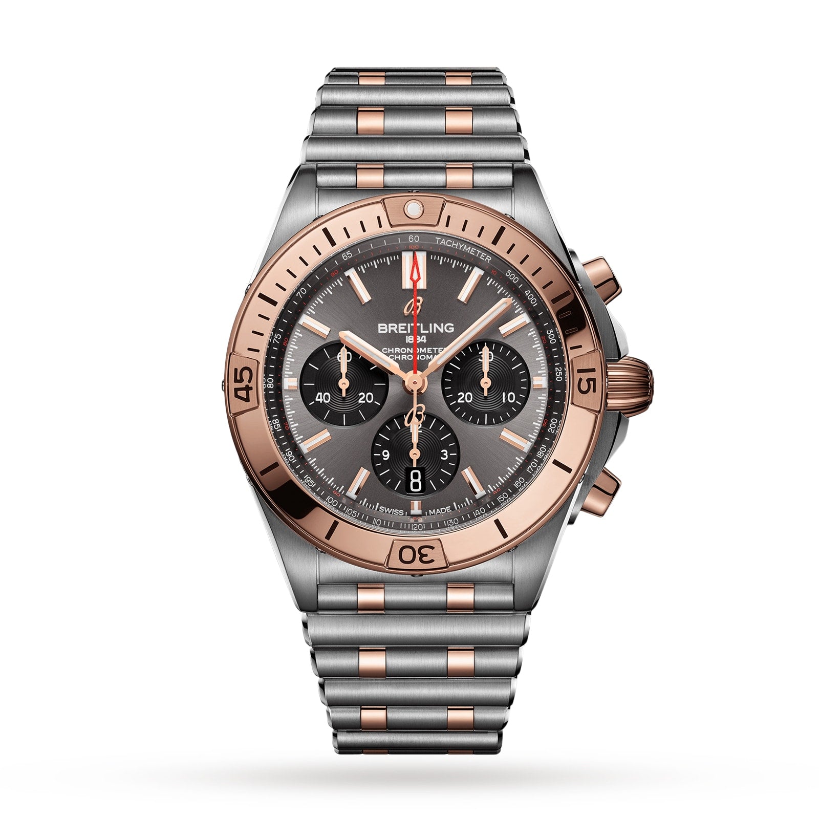 The Breitling Chronomat B01 42 is a striking two-tone stainless steel and rose gold chronograph watch featuring a black dial with three subdials, tachymeter markings, and a metal link bracelet.