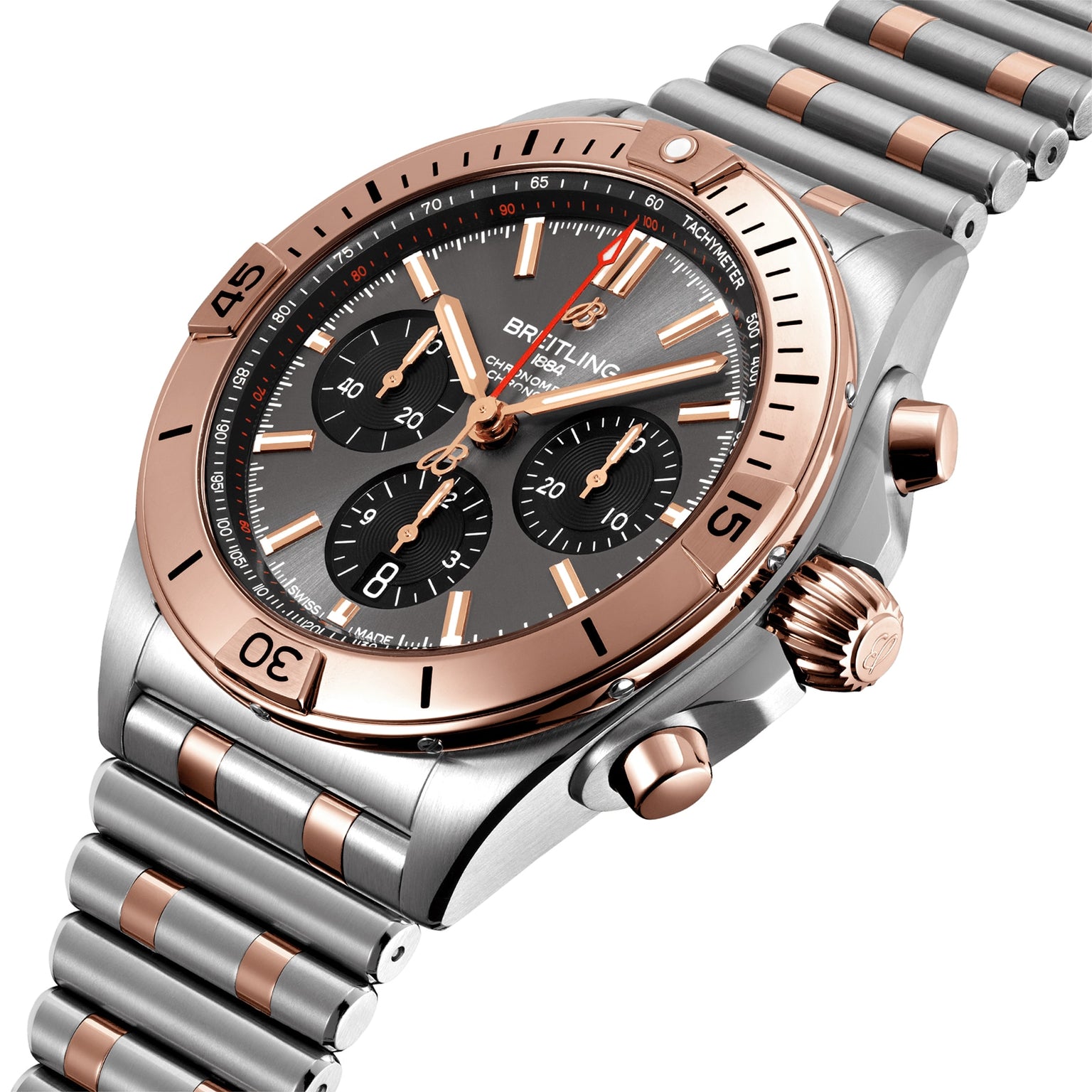 The Breitling Chronomat B01 42 is a stainless steel and rose gold watch with a black dial, three subdials, and a link bracelet.