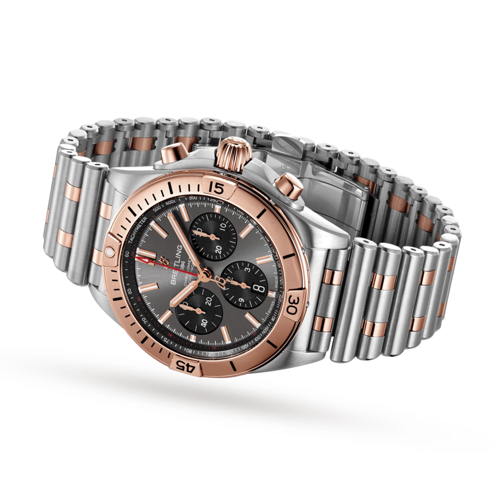 The Breitling Chronomat B01 42 is a two-tone stainless steel and rose gold wristwatch with a black dial, three subdials, linked metal bracelet, and powered by the acclaimed Breitling 01 mechanical movement.