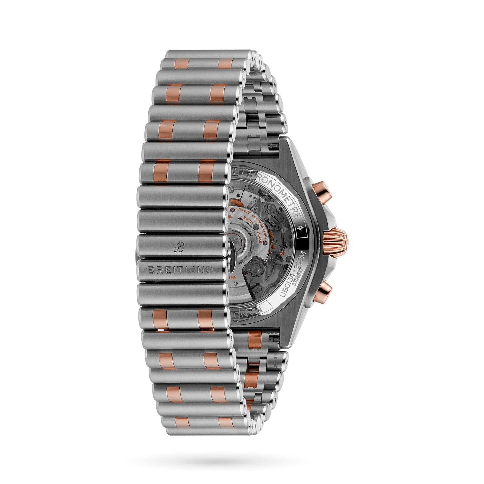 A close-up side view of the Breitling Chronomat B01 42 wristwatch with a two-tone metal bracelet, showcasing the transparent case back and intricate Breitling 01 mechanical movement.