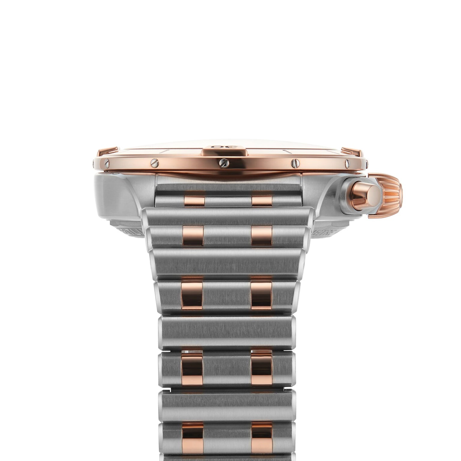 Close-up side view of the Breitling Chronomat B01 42, featuring a silver and rose gold metal band with visible crown and screws on the case.