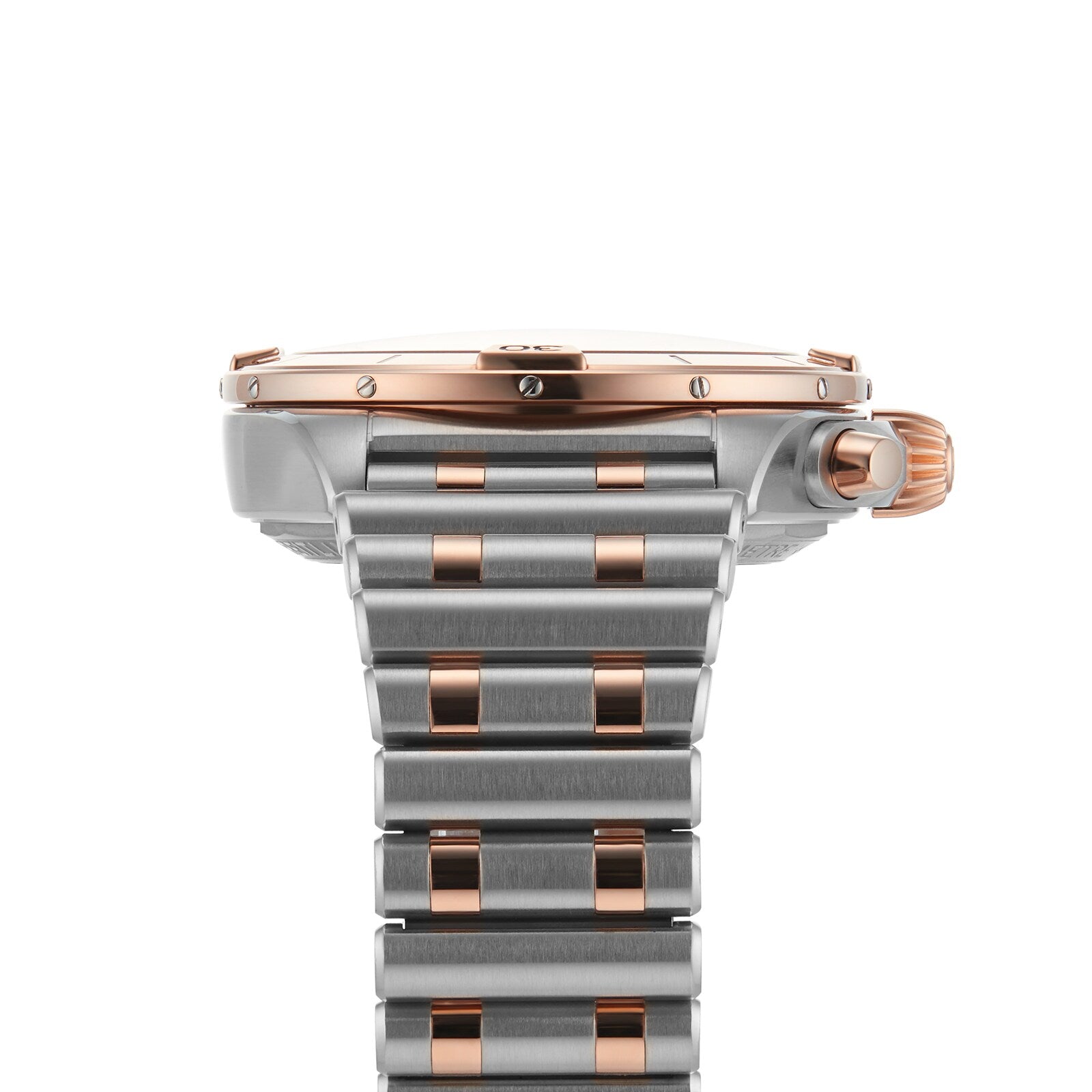 Close-up side view of the Breitling Chronomat B01 42, featuring a silver and rose gold metal band with visible crown and screws on the case.