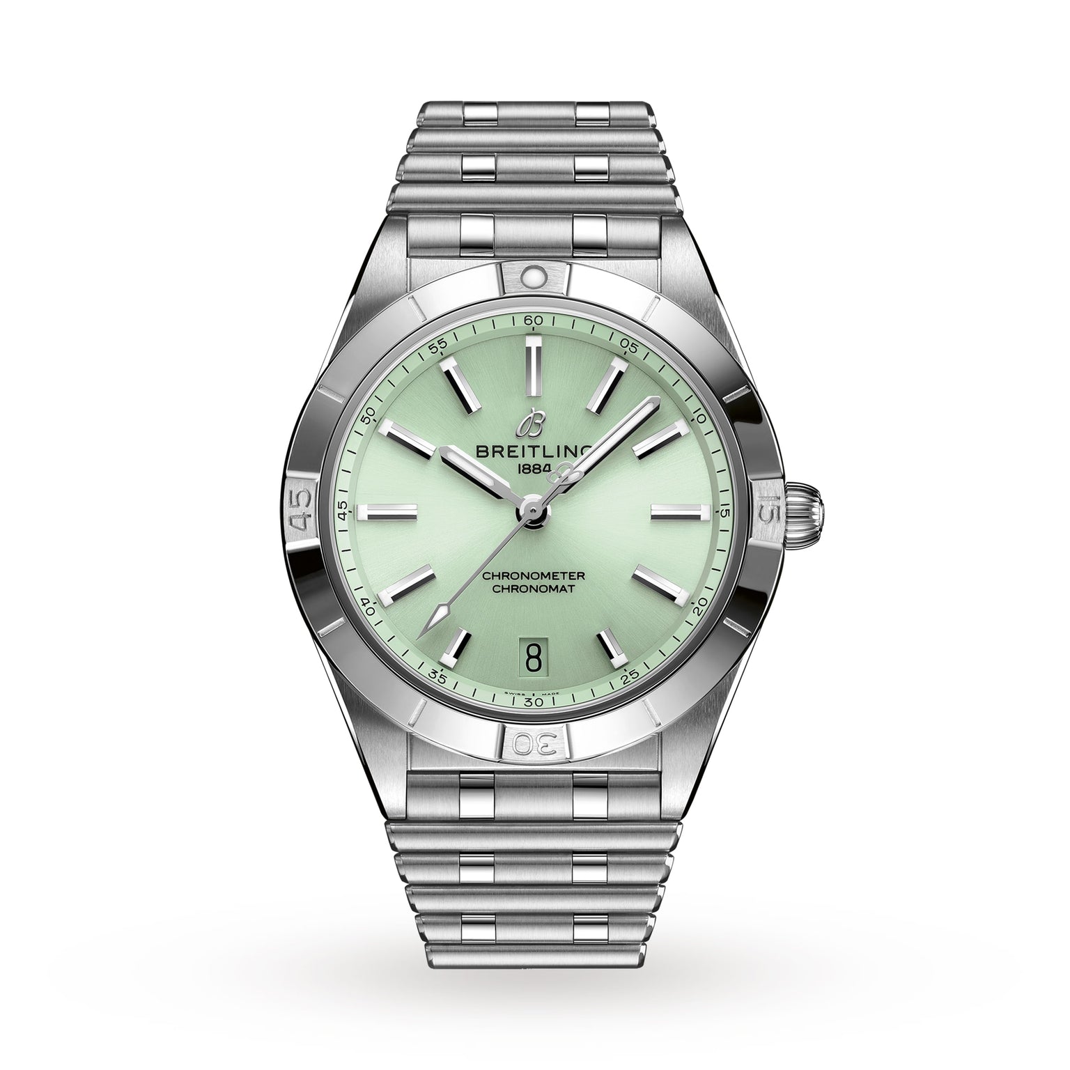 The Breitling Chronomat Automatic 36 is a silver wristwatch with a mint green dial, date display at 6 oclock, and signature Rouleaux bracelet, shown on a white background.