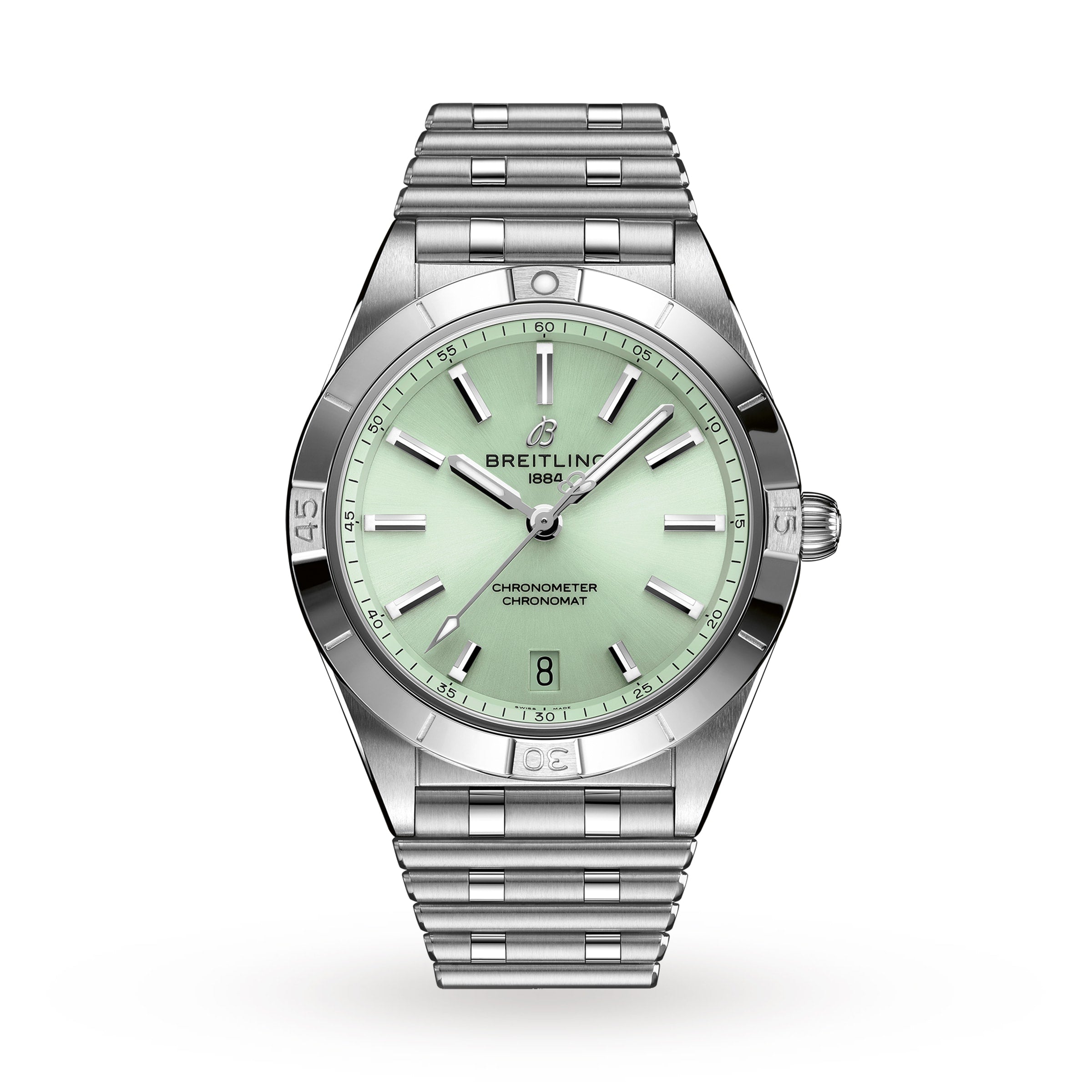 The Breitling Chronomat Automatic 36 is a silver wristwatch with a mint green dial, date display at 6 oclock, and signature Rouleaux bracelet, shown on a white background.