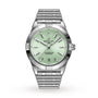 The Breitling Chronomat Automatic 36 is a silver wristwatch with a mint green dial, date display at 6 oclock, and signature Rouleaux bracelet, shown on a white background.