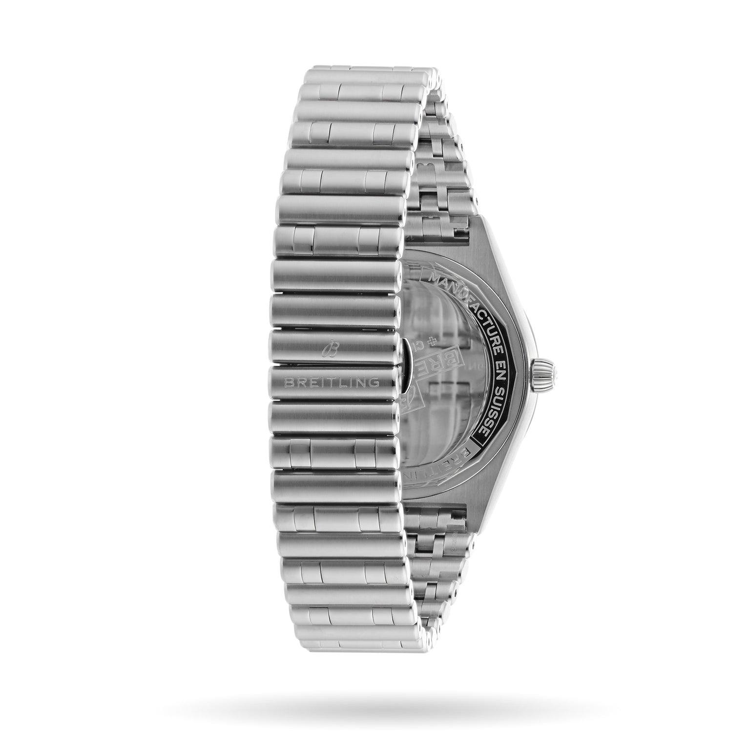 Side view of the Breitling Chronomat Automatic 36 in stainless steel, featuring a Rouleaux bracelet and transparent case back that reveals its internal mechanisms and branding.