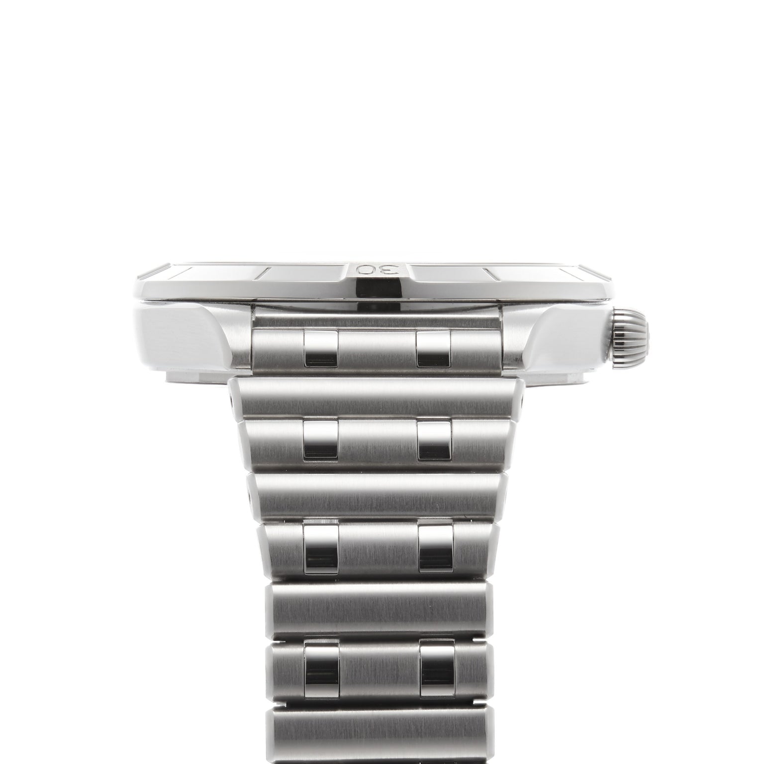 Side view of a Breitling Chronomat Automatic 36 wristwatch with a stainless steel Rouleaux bracelet and visible crown, set against a white background.