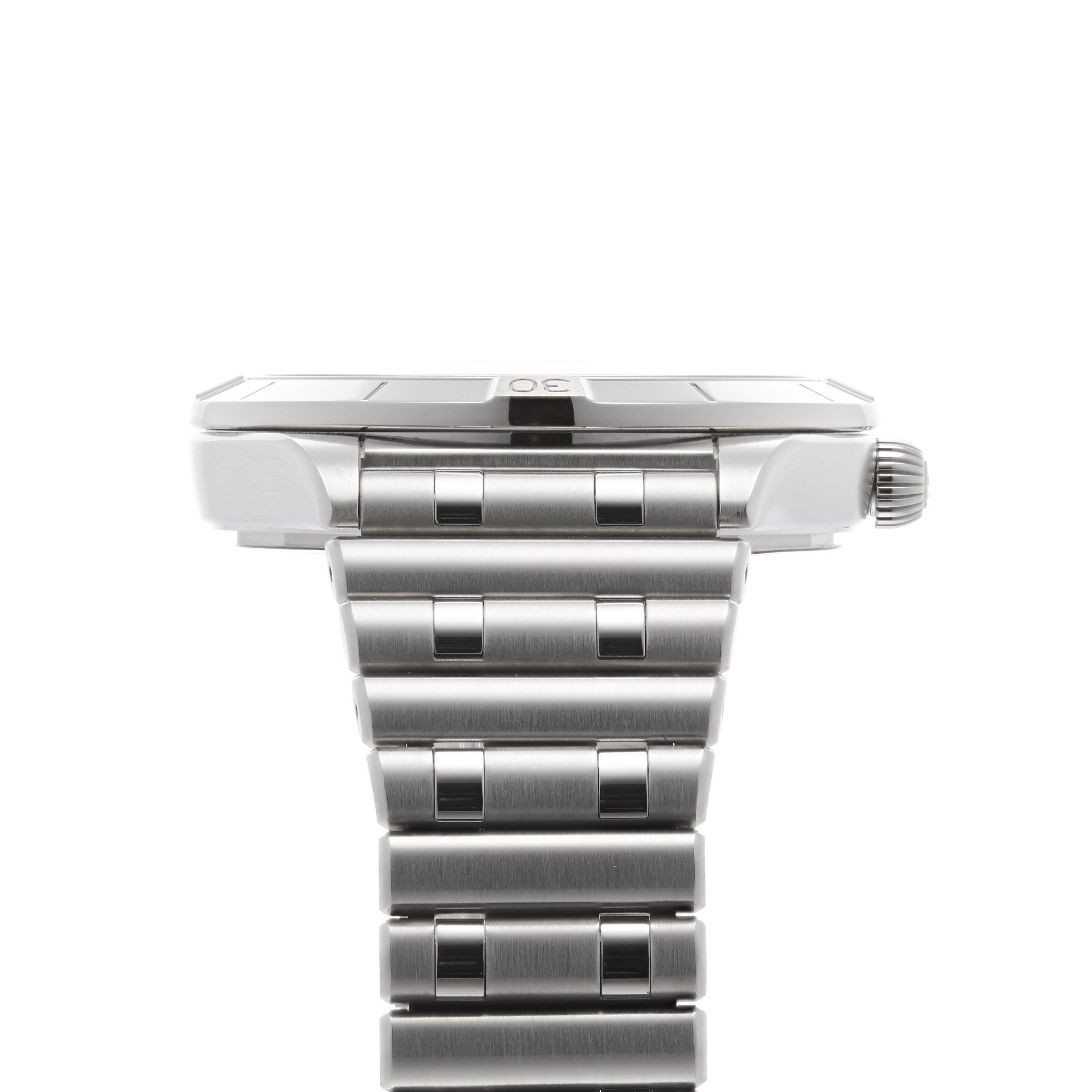 Side view of a Breitling Chronomat Automatic 36 wristwatch with a stainless steel Rouleaux bracelet and visible crown, set against a white background.