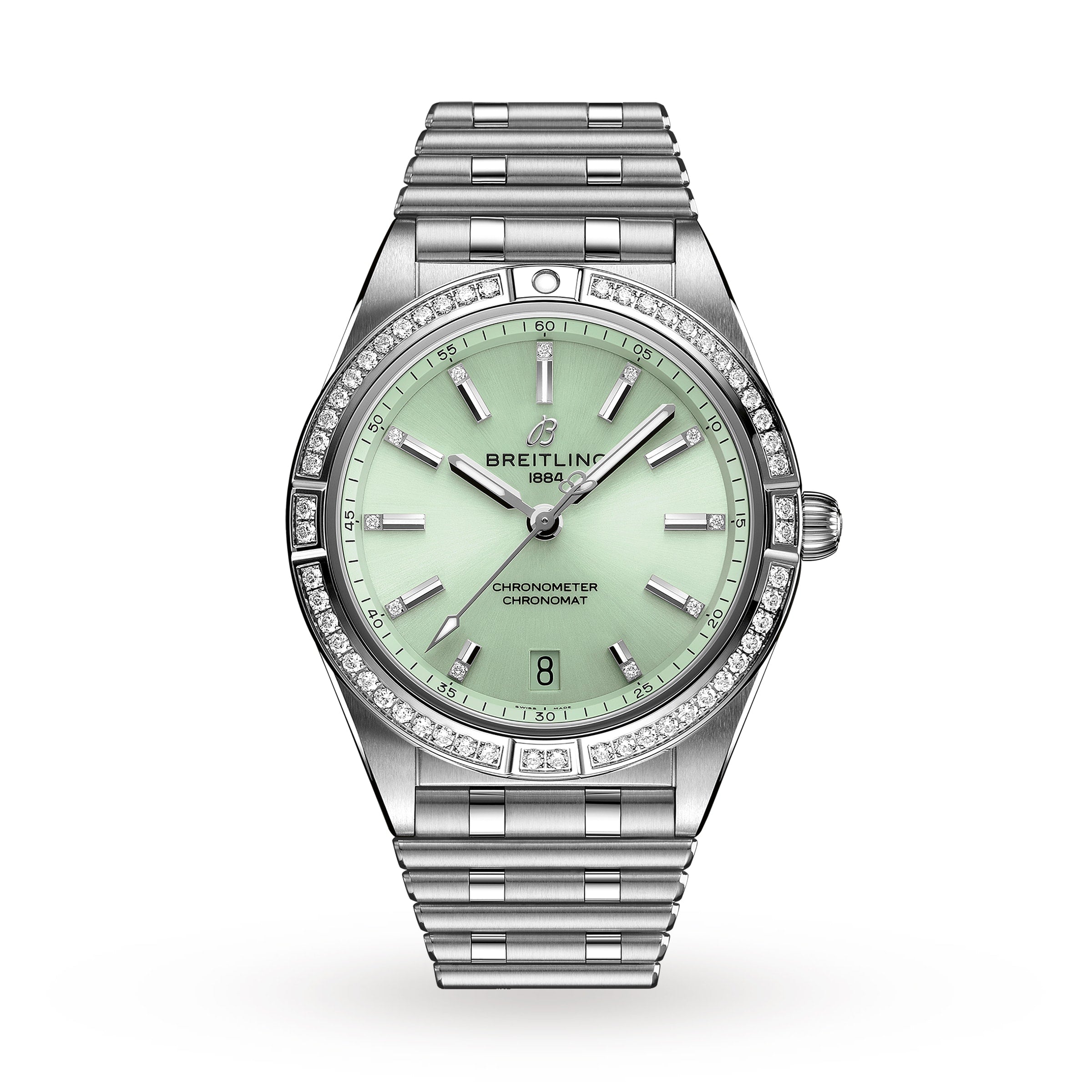 The Breitling Chronomat Automatic 36 is a silver wristwatch featuring a mint green face with diamond accents on the bezel and markers.