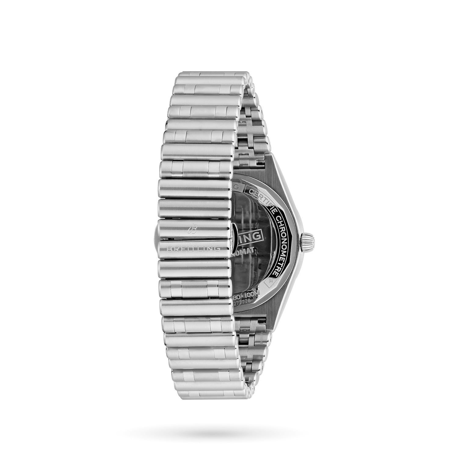 The Breitling Chronomat Automatic 36, a silver metal wristwatch, is shown from the side with its signature Rouleaux bracelet and partially visible caseback against a white background.