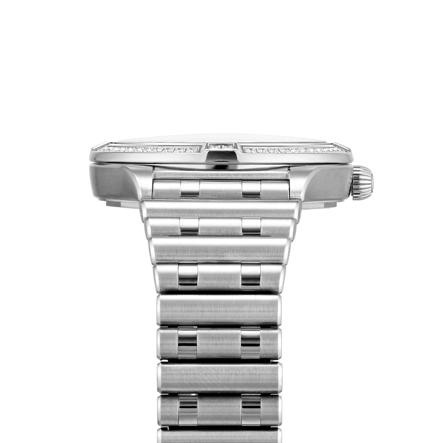 A side profile of the Breitling Chronomat Automatic 36 wristwatch with a silver metal Rouleaux bracelet, displaying its bezel and crown against a white background.