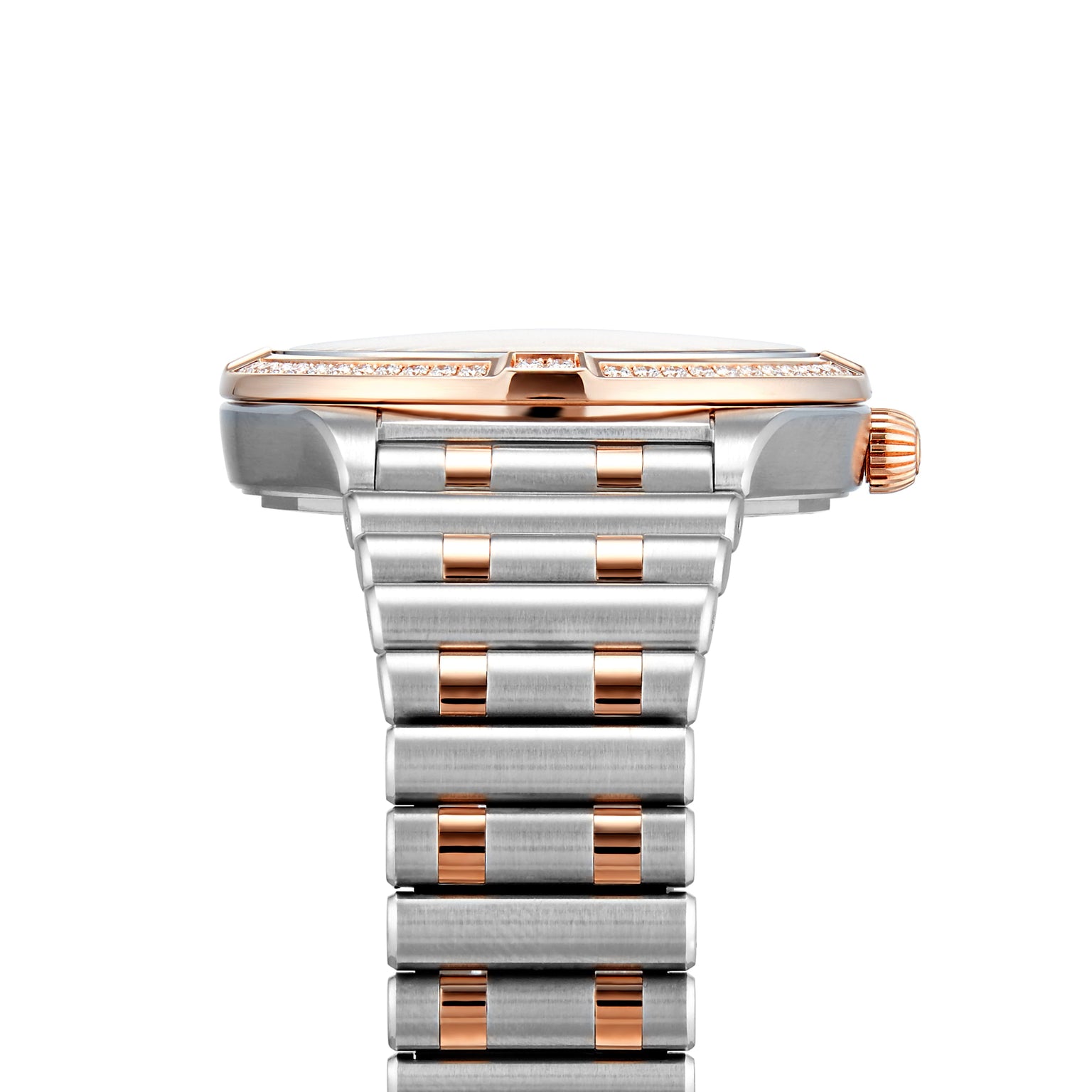 Close-up side view of the Breitling Chronomat Automatic 36, featuring a silver and rose gold metal link band, visible watch crown, and a slim bezel set with diamonds.