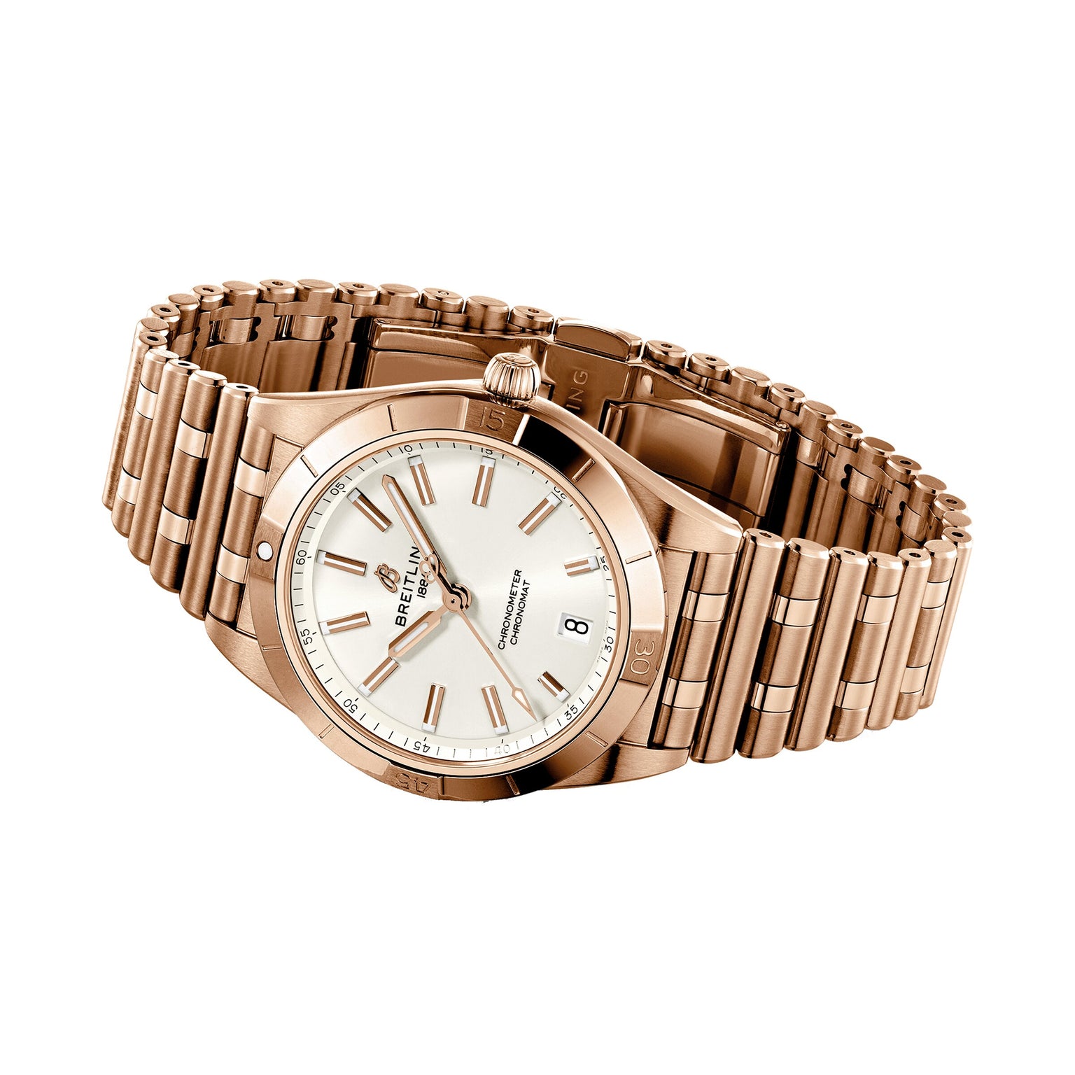 The Breitling Chronomat Automatic 36 features a gold case, Rouleaux bracelet, white dial, gold markers and hands, and a date at 3 o’clock. This COSC-certified timepiece blends precision with elegant style.