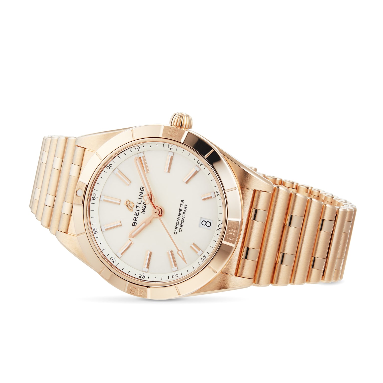 The Breitling Chronomat Automatic 36 features a gold case, white dial, gold hour markers and hands, date window at 3 o’clock, signature gold Rouleaux bracelet, and is COSC certified for precision.