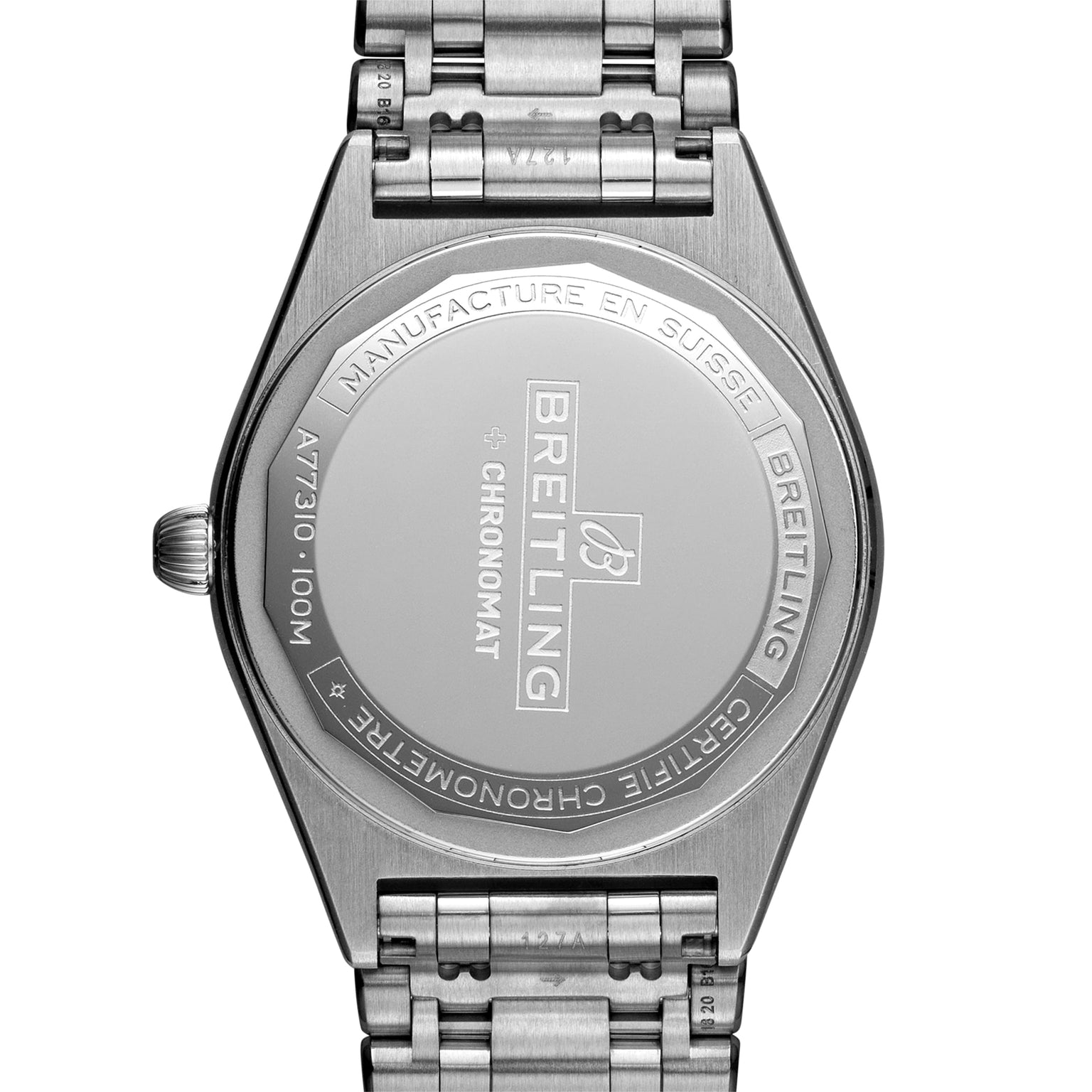 The back of the Breitling Chronomat 32 watch features engraved branding and specifications on its stainless steel case.