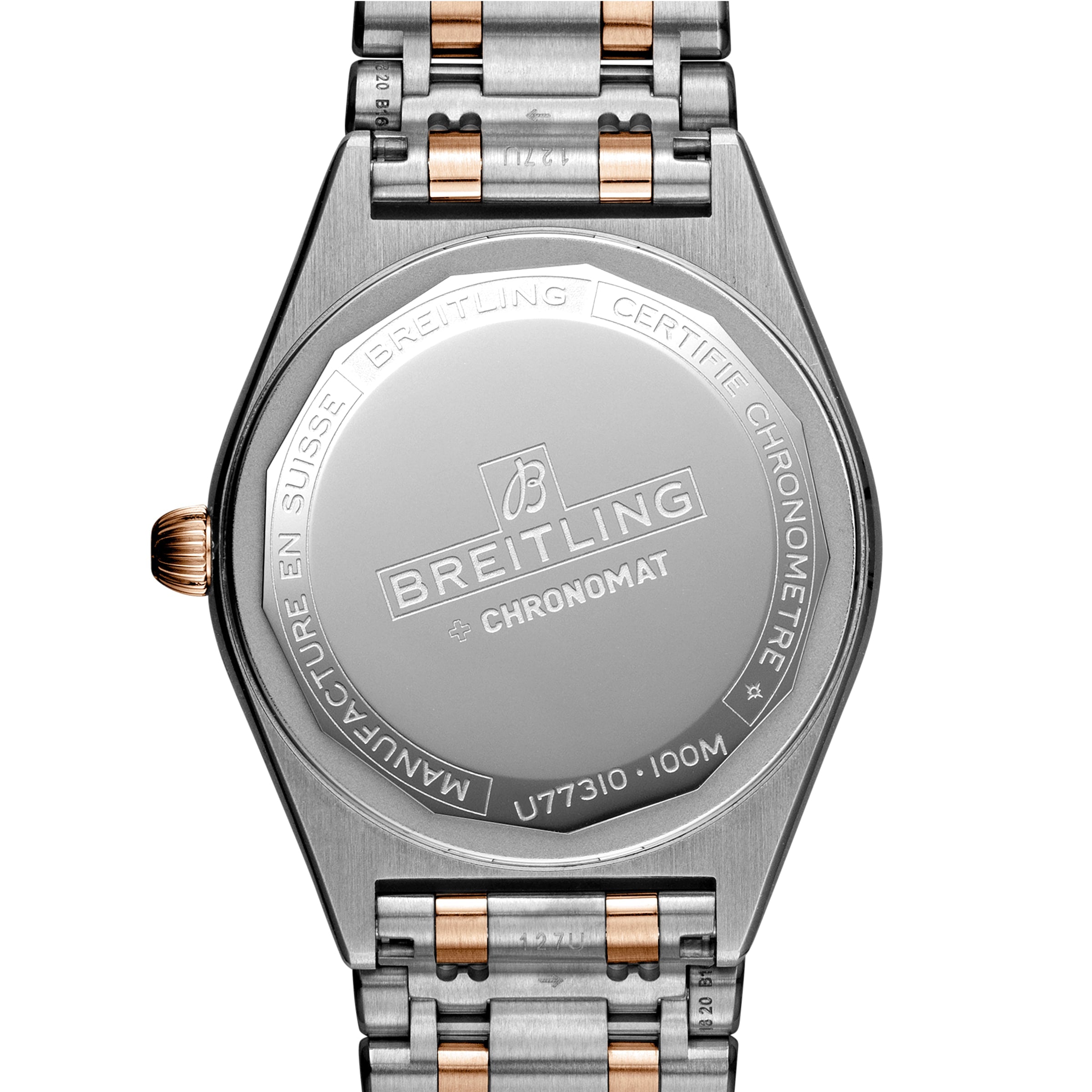 Back view of the Breitling Chronomat 32 watch featuring engraved branding, COSC-certified chronometer details, and a two-tone metal bracelet.