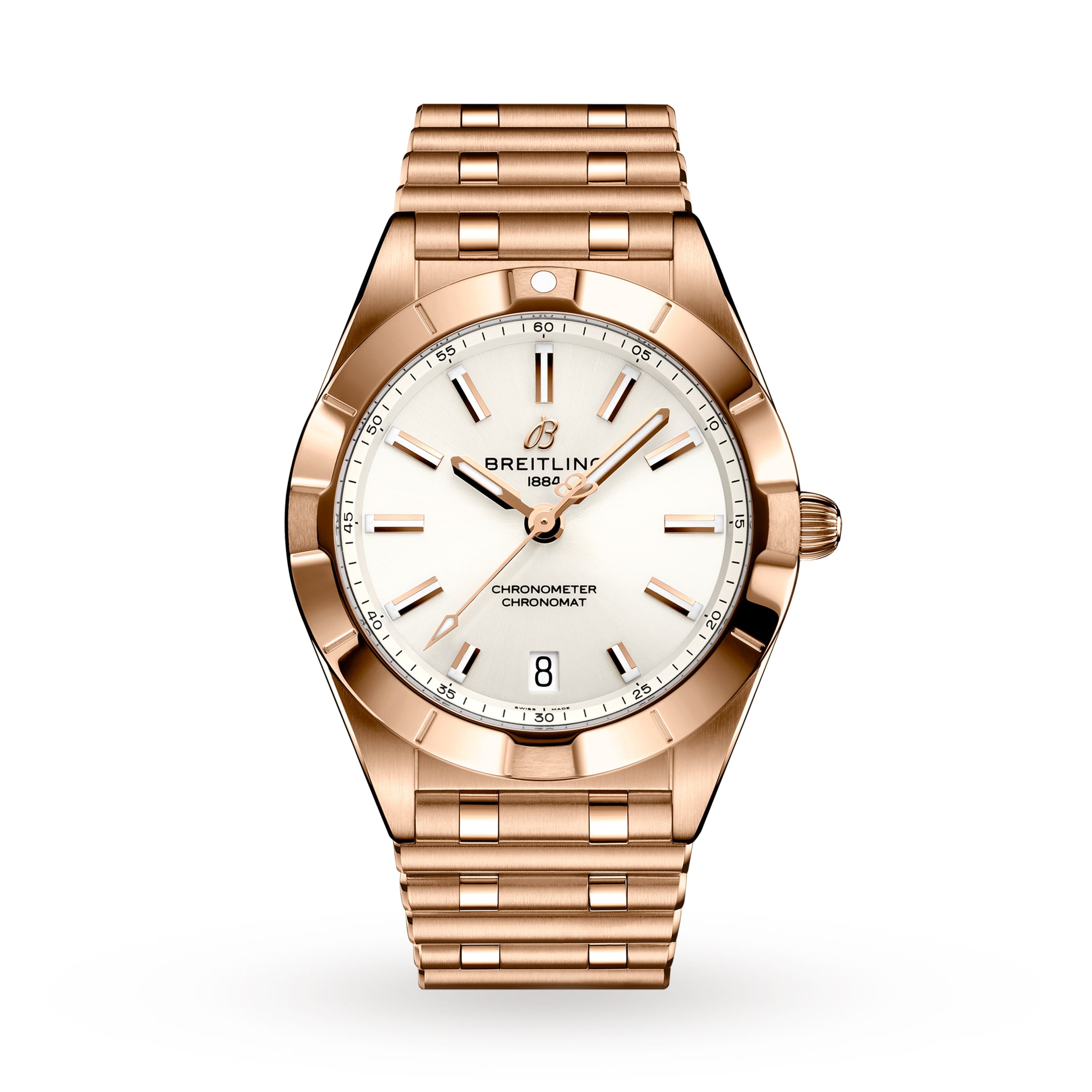 The Breitling Chronomat 32 is a stylish sports watch with a rose gold case, white dial and gold hour markers, date at 6 o’clock, and a matching metal bracelet.