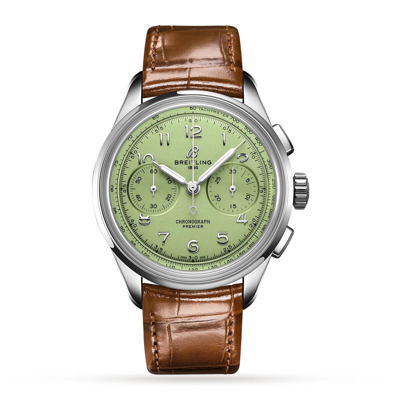 The Breitling Premier B09 Chronograph 40 features a green dial, chronograph functions, a silver case, brown leather strap, the Premier logo, and is powered by the precise B09 calibre movement.