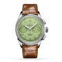 The Breitling Premier B09 Chronograph 40 features a green dial, chronograph functions, a silver case, brown leather strap, the Premier logo, and is powered by the precise B09 calibre movement.