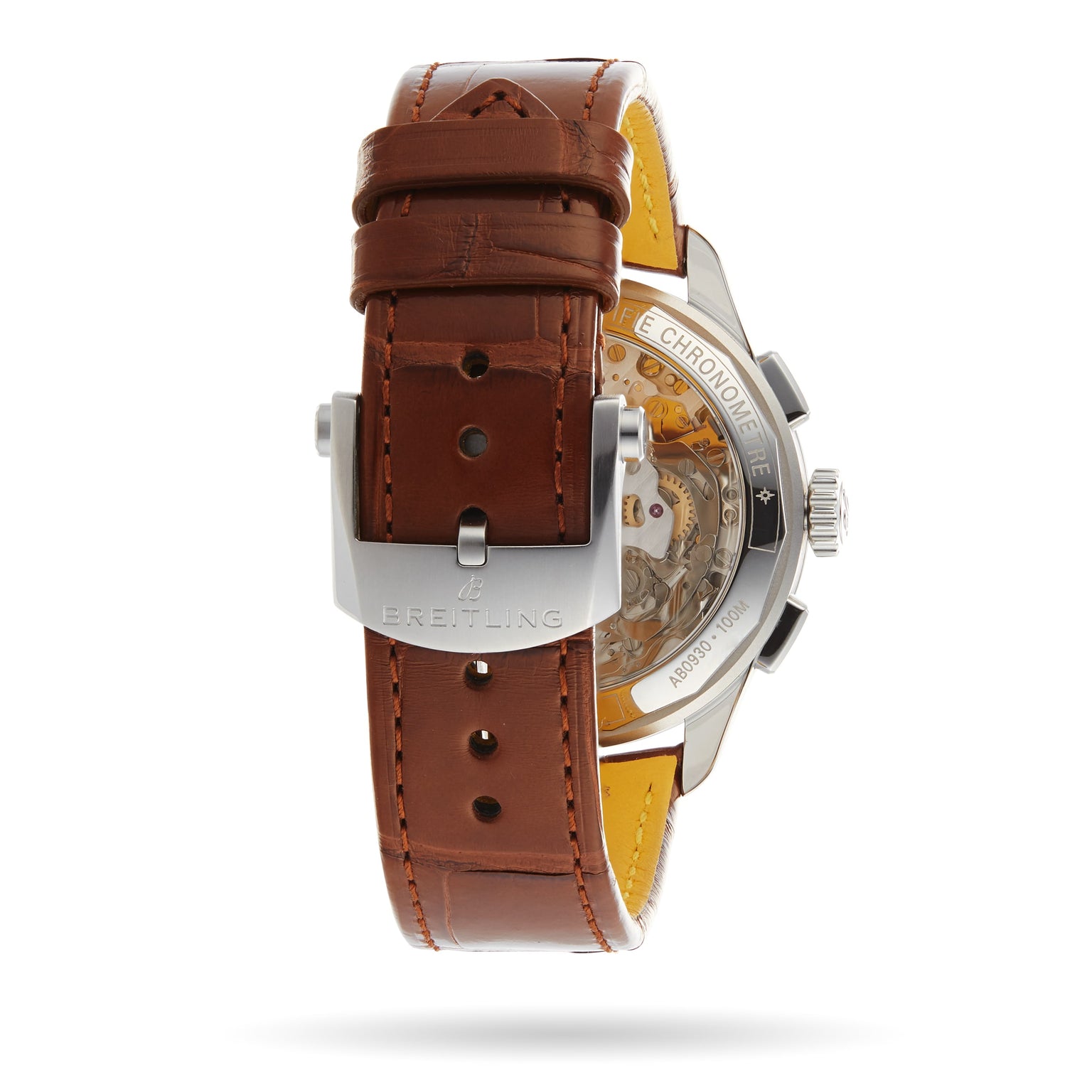 Brown leather strap with visible stitching, silver Breitling-engraved buckle, and a glimpse of the Premier B09 Chronograph 40s case revealing its B09 calibre movement.