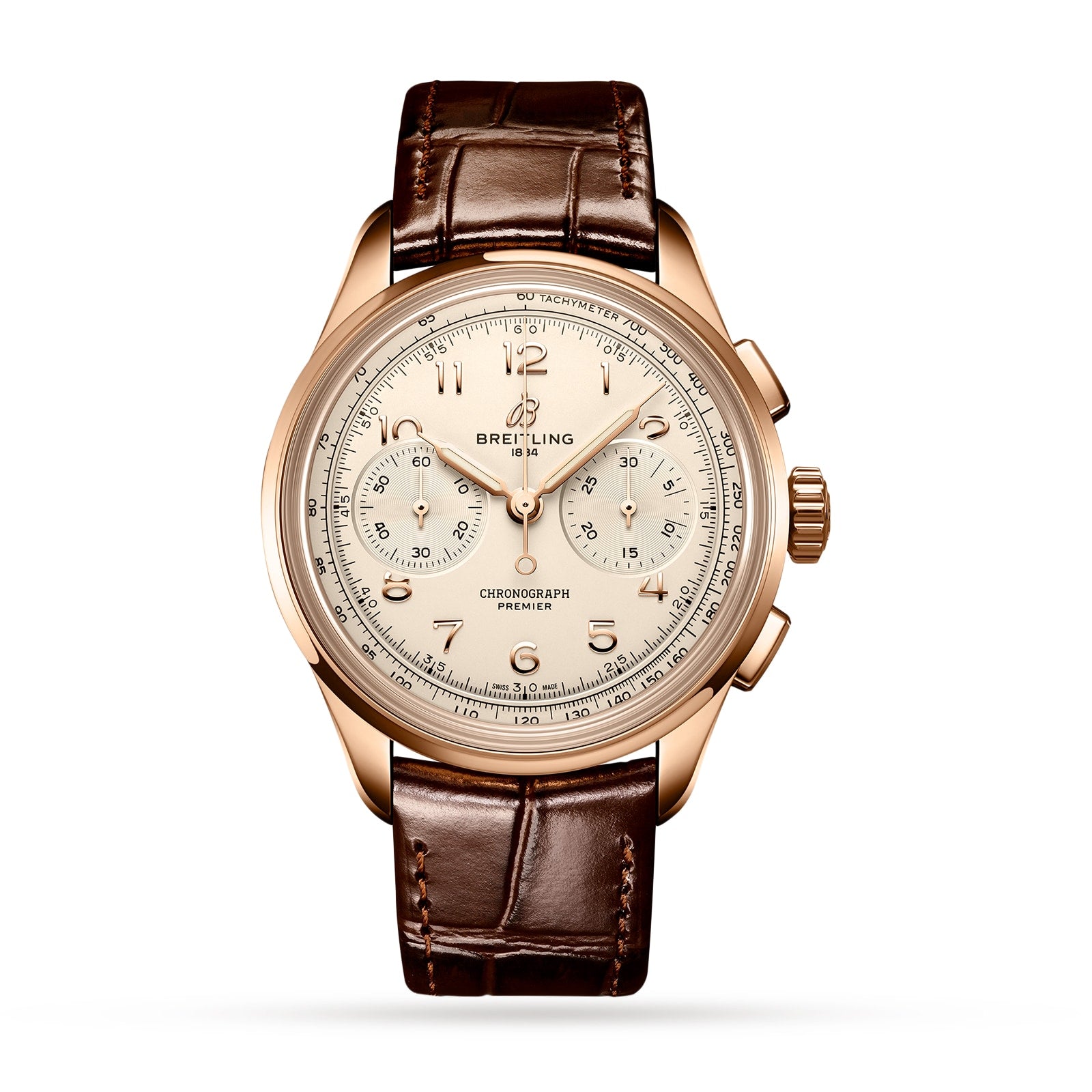 A Breitling Premier B09 Chronograph 40 with a 40mm 18K red gold case, cream dial, three subdials, Arabic numerals, and a brown leather strap is shown on a white background.