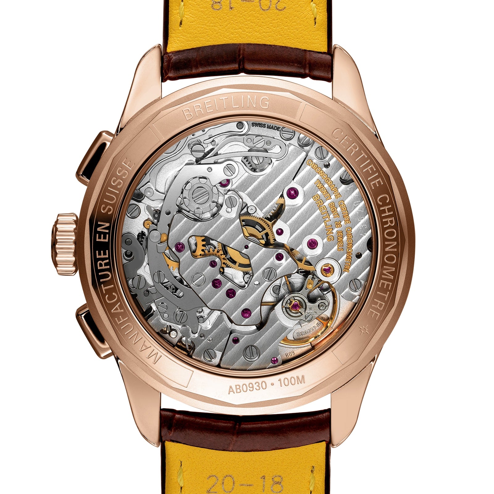 Close-up of the Breitling Premier B09 Chronograph 40, highlighting its intricate mechanical movement and engraved details on the 40mm 18K red gold chronometer-certified case.