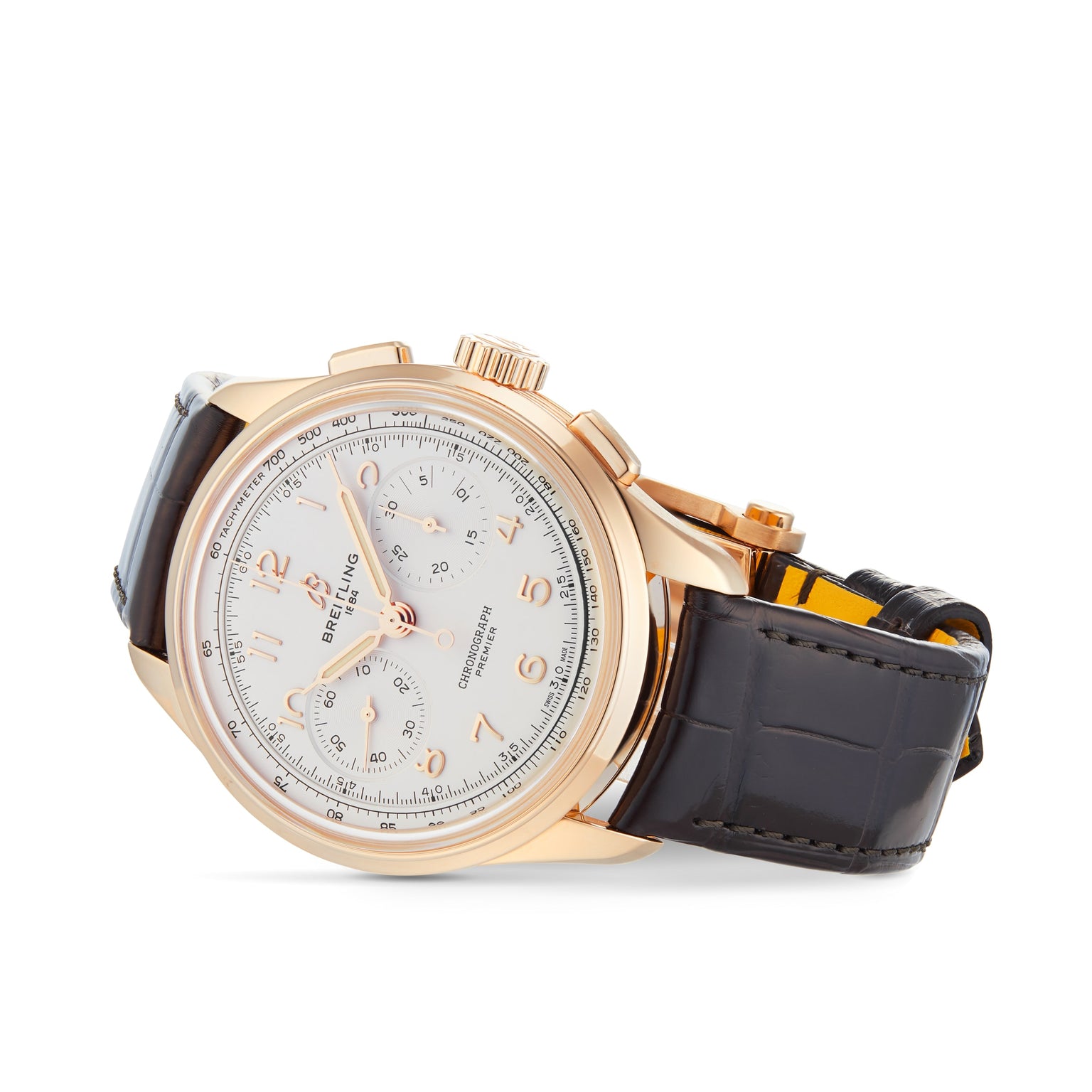 A Breitling Premier B09 Chronograph 40 wristwatch featuring a 40mm 18K red gold case, white dial with Arabic numerals and three subdials, plus a black leather strap, photographed on a white background.