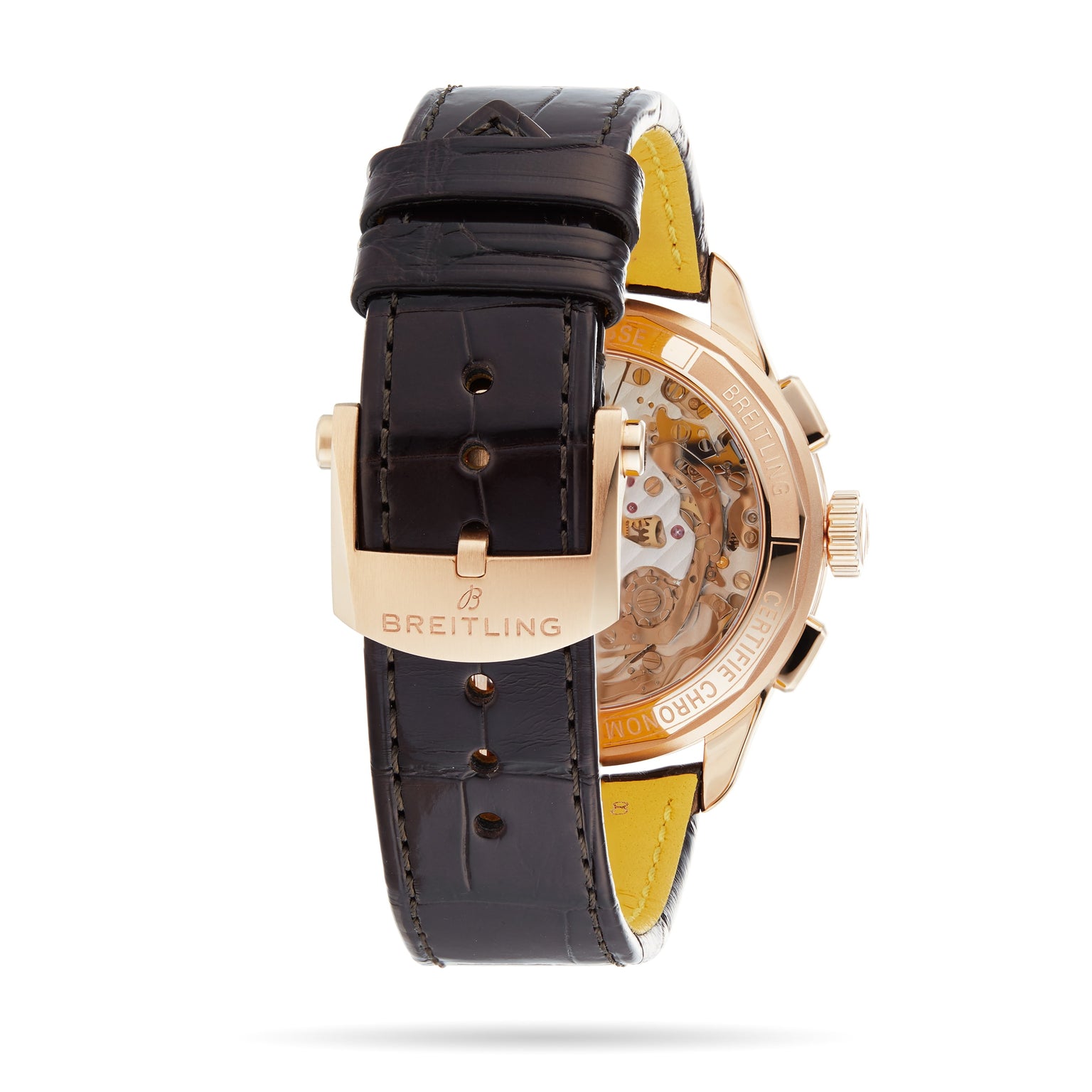 A close-up of the Breitling Premier B09 Chronograph 40 showcasing a brown leather strap with gold buckle, a 40mm 18K red gold case, and a transparent back revealing its chronometer-certified movement.