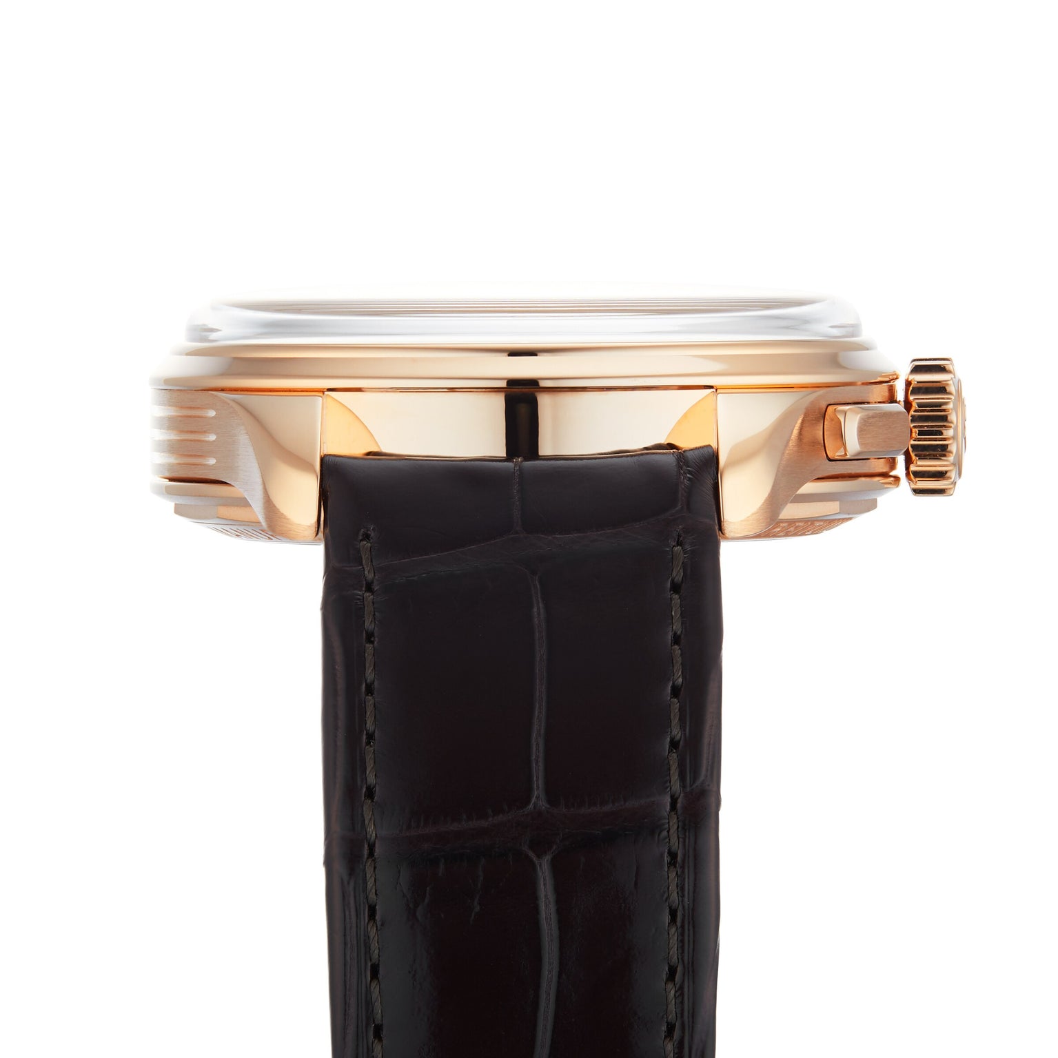 Close-up side view of the Breitling Premier B09 Chronograph 40, featuring a 40mm 18K red gold case and crown on a black leather strap. This chronometer-certified timepiece embodies refined elegance.