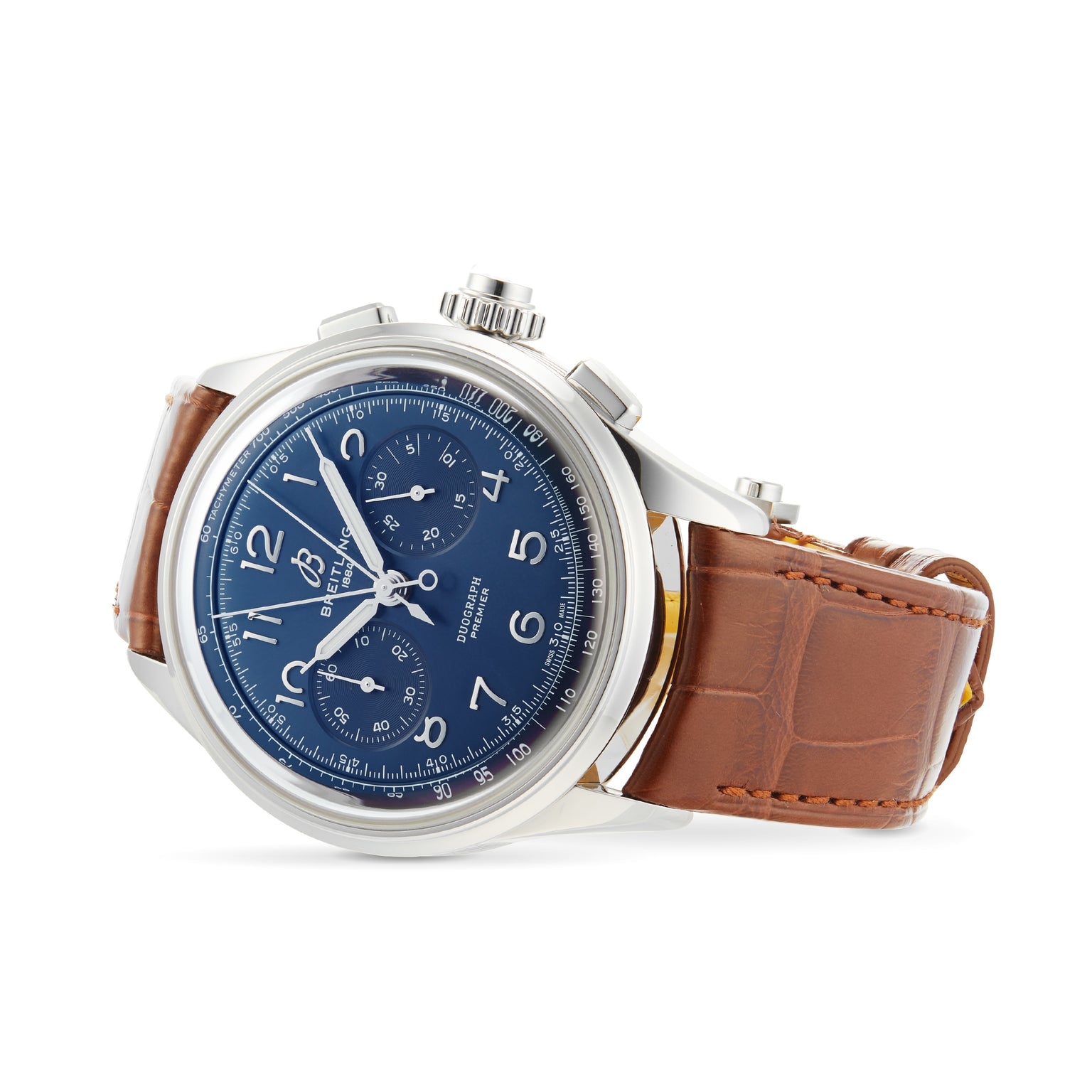 The Breitling Premier B15 Duograph 42 is a stainless steel watch with a blue dial, three subdials, white numerals, brown leather strap, and COSC-certified movement for exceptional precision.
